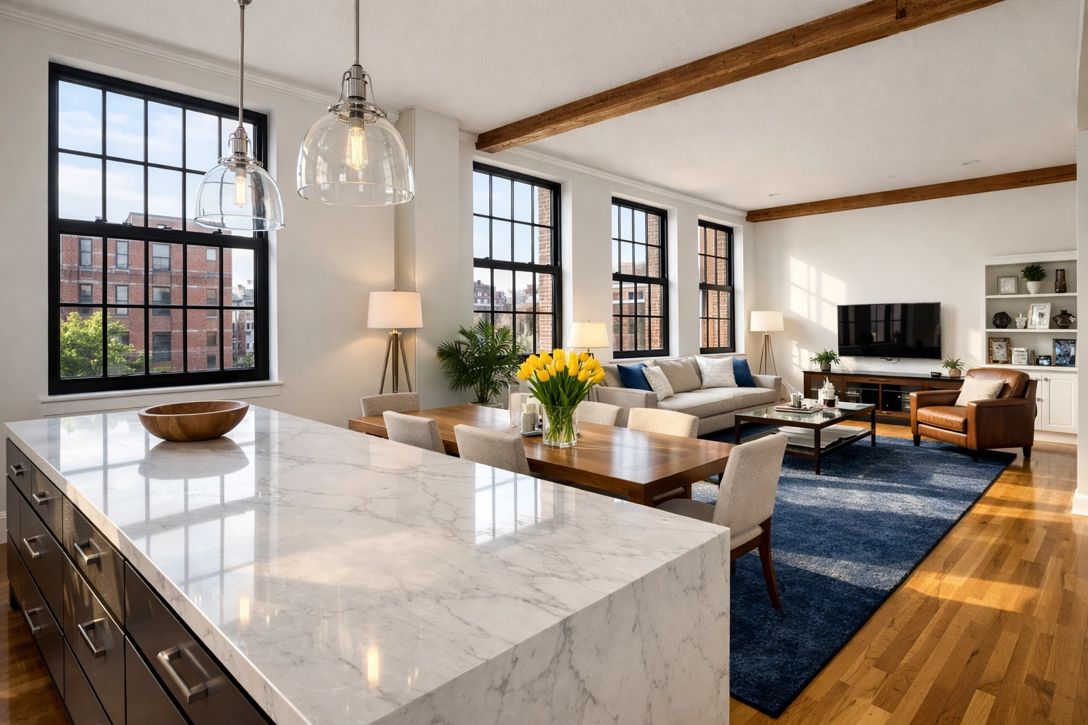 A spotless South End Boston loft with a polished marble kitchen island, perfect for professional Apartment Cleaning Boston.