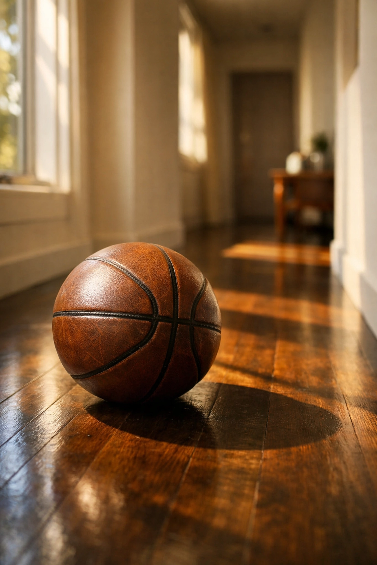 Vintage leather basketball on a hardwood floor representing the humble beginnings of the NCAA tournament.