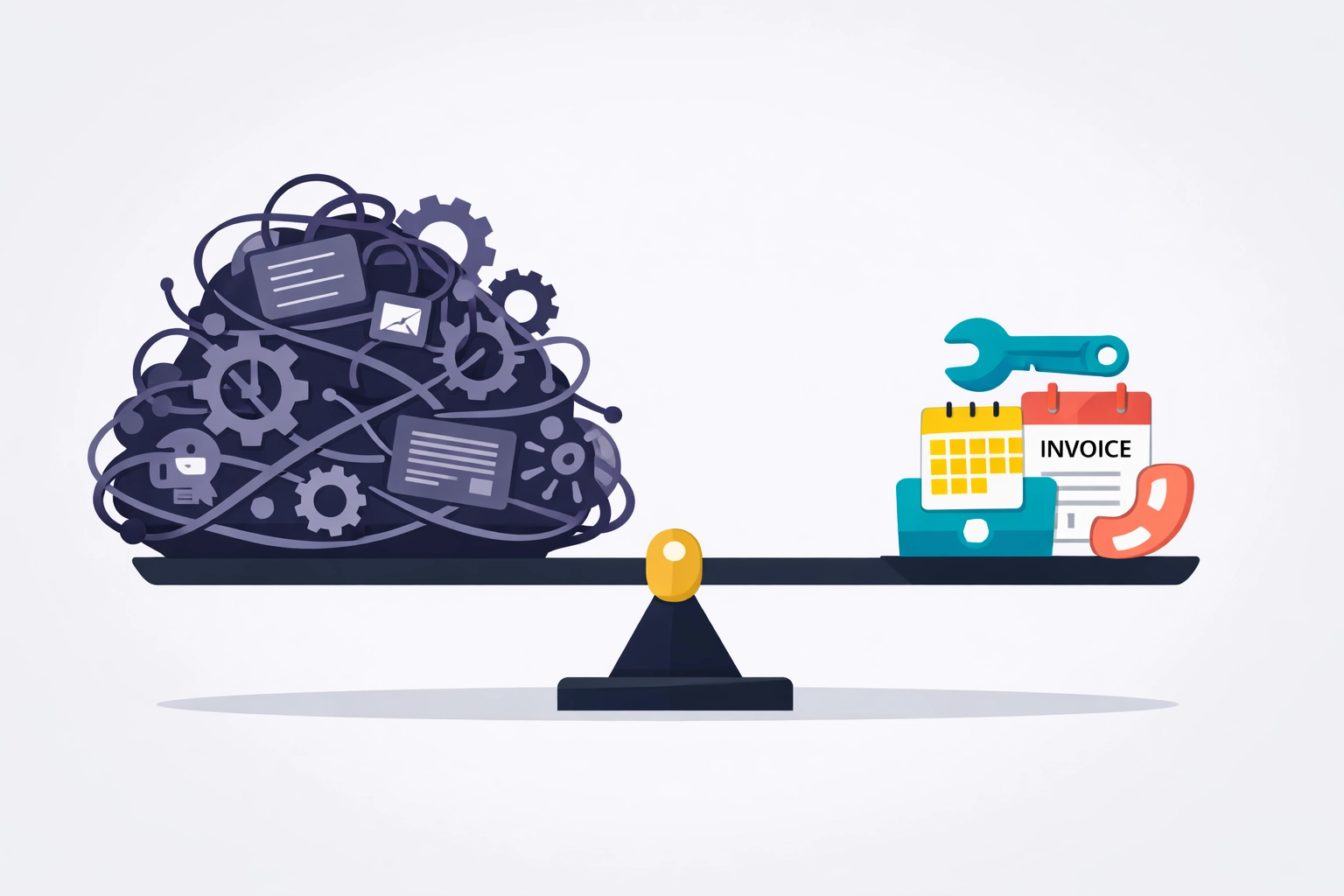 Balance scale showing complex software features versus simple affordable tools for small trade businesses