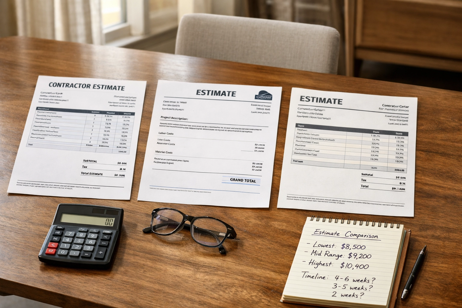 Comparing multiple written contractor estimates with calculator and notes