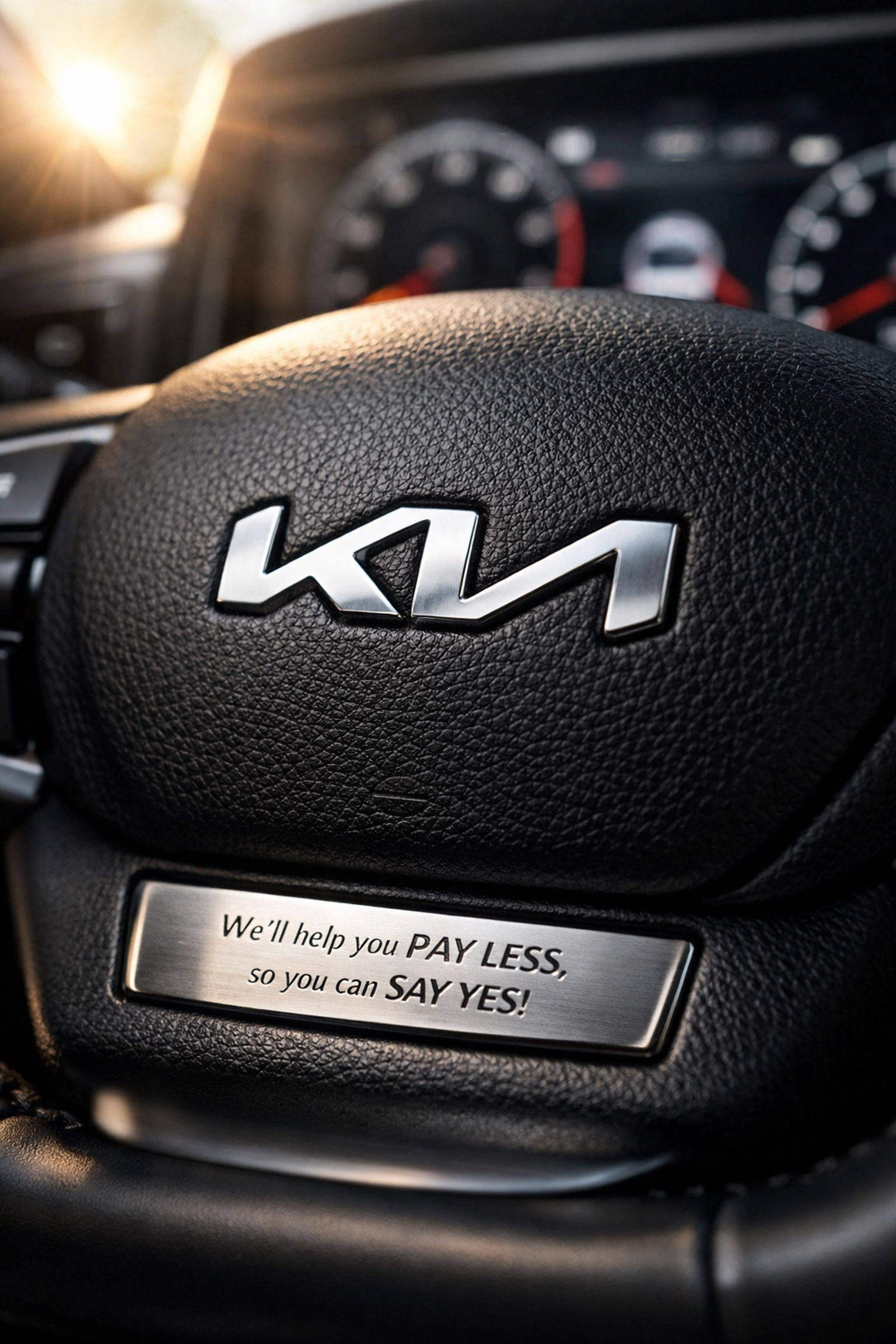 Close-up of modern Kia logo on steering wheel representing the 10-year warranty for Sacramento drivers.