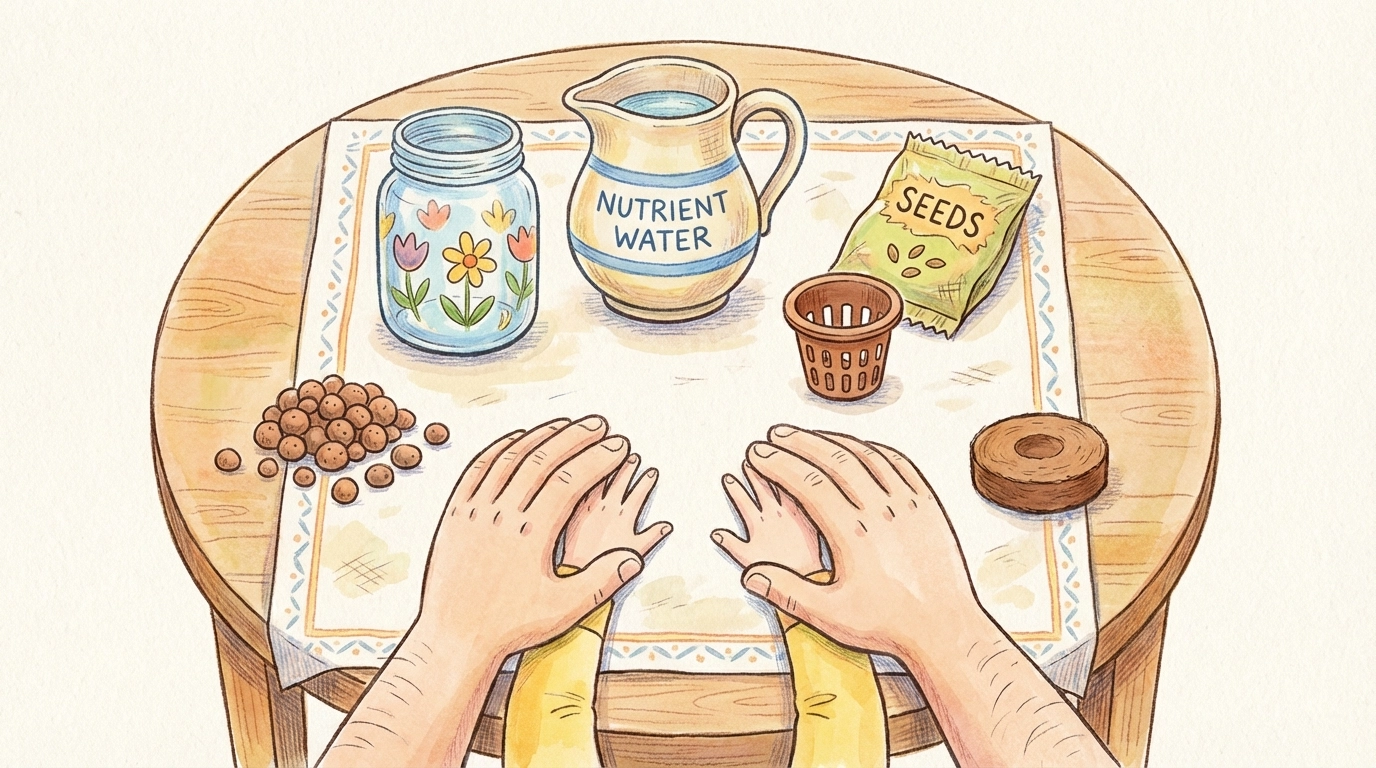 Bird's eye view of assembling a kids hydroponic jar system with seeds, net pot, and nutrient water