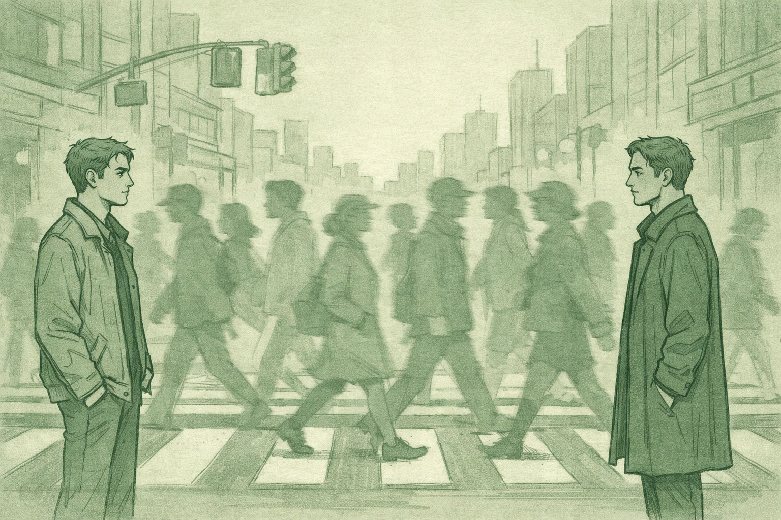 Two men lock eyes across a crowded city street - gay romance isolation and longing