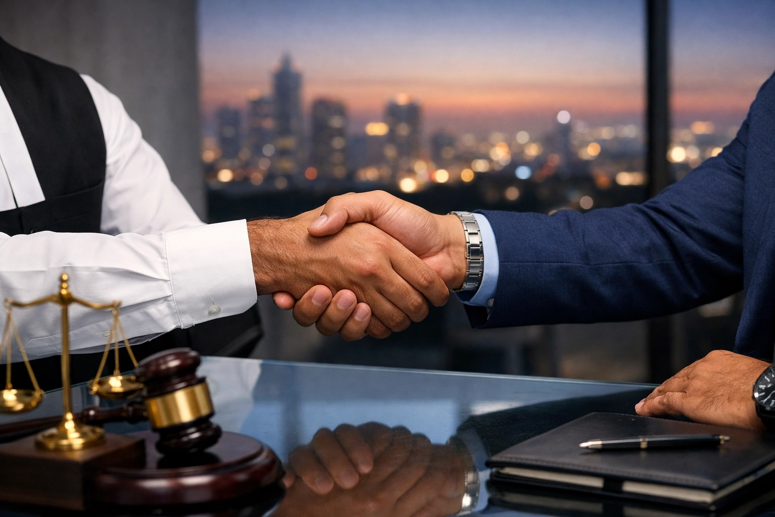Successful handshake between an Indian legal advocate and an NRI client in a modern law office.