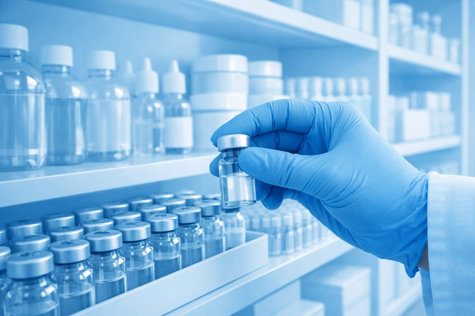Healthcare professional selecting unbranded sterile vials from an organized clinical cabinet in a bright, clean environment with a cool blue overlay, representing flexible ordering and inventory control.