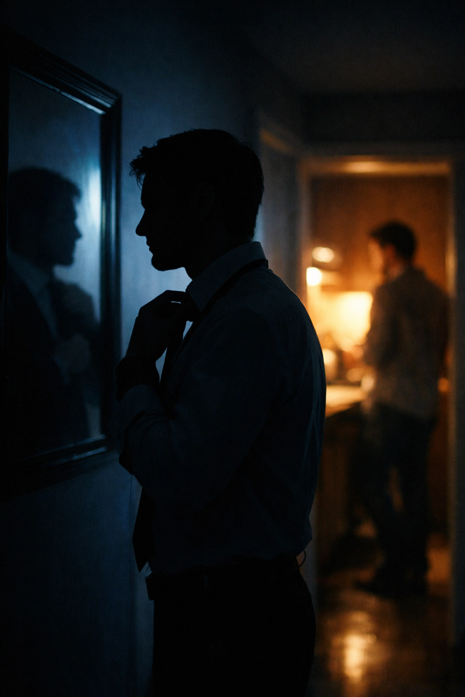 Man preparing for work representing transition from private gay love to public persona in MM romance