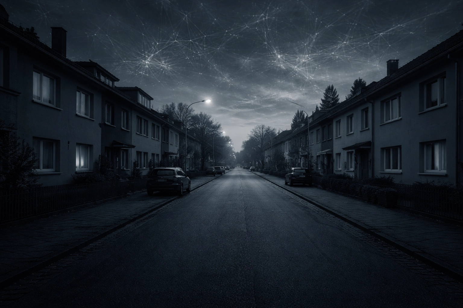 Leere deutsche Straße bei Dämmerung mit geschlossenen Fensterläden, symbolisiert verdrängte Tabuthemen und gesellschaftliches Schweigen.