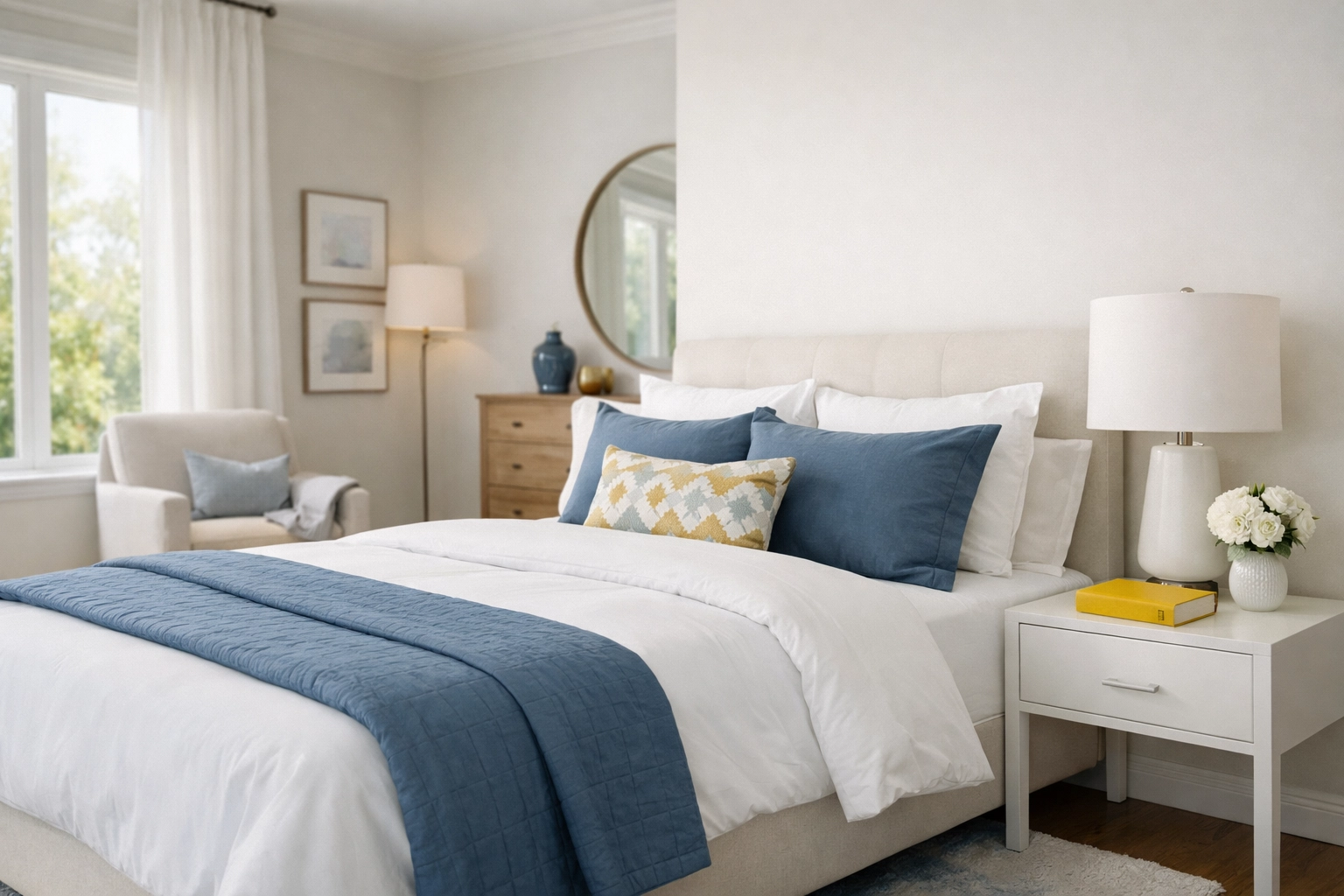 A tidy, tranquil bedroom with fresh linens promoting better sleep through weekly house cleaning.