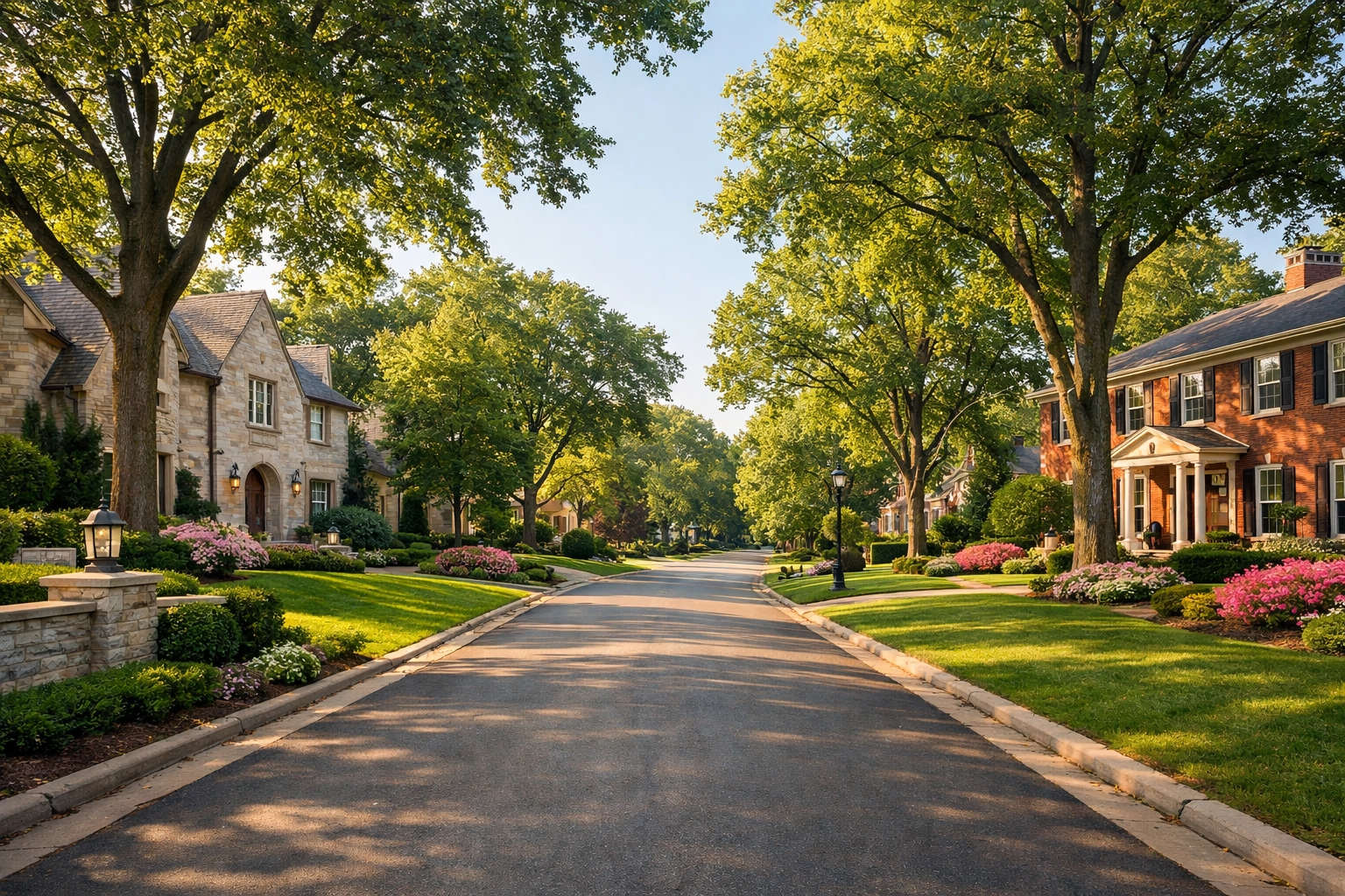 Quiet residential street in Chicago North Shore suburbs featuring luxury brick homes and mature landscaping.