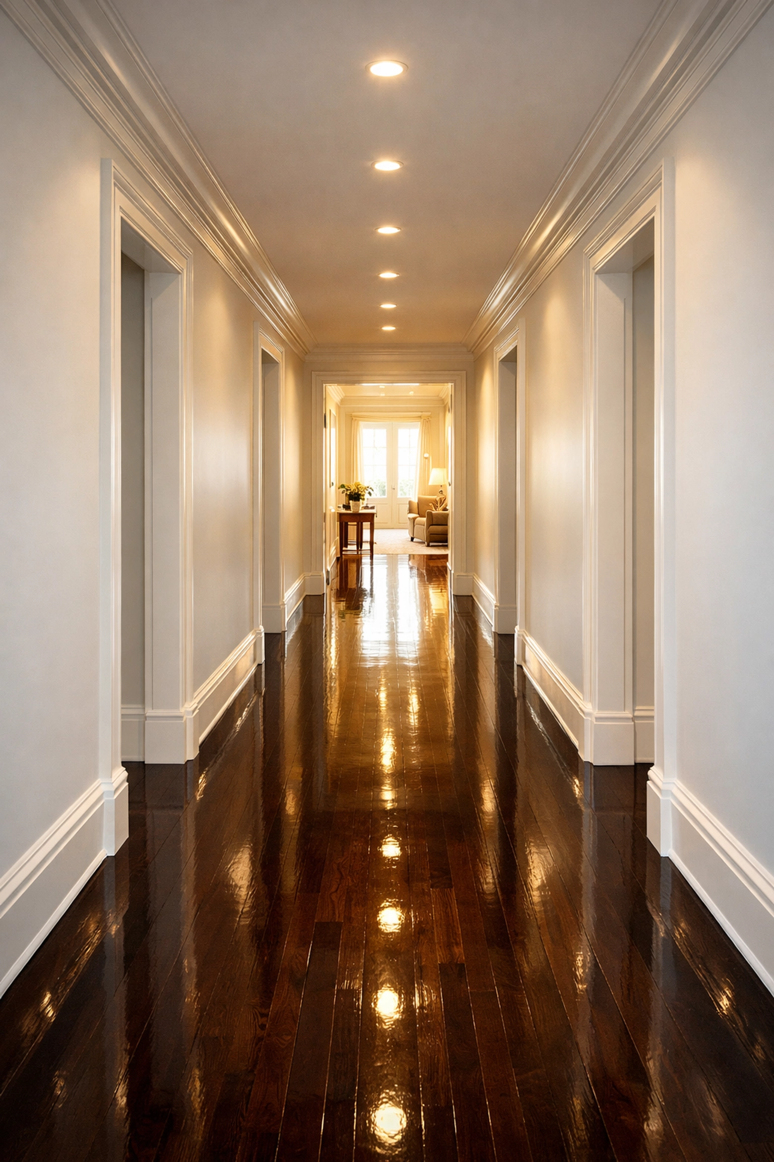 Pristine hardwood hallway and dust-free baseboards in a luxury Boston apartment turnover.