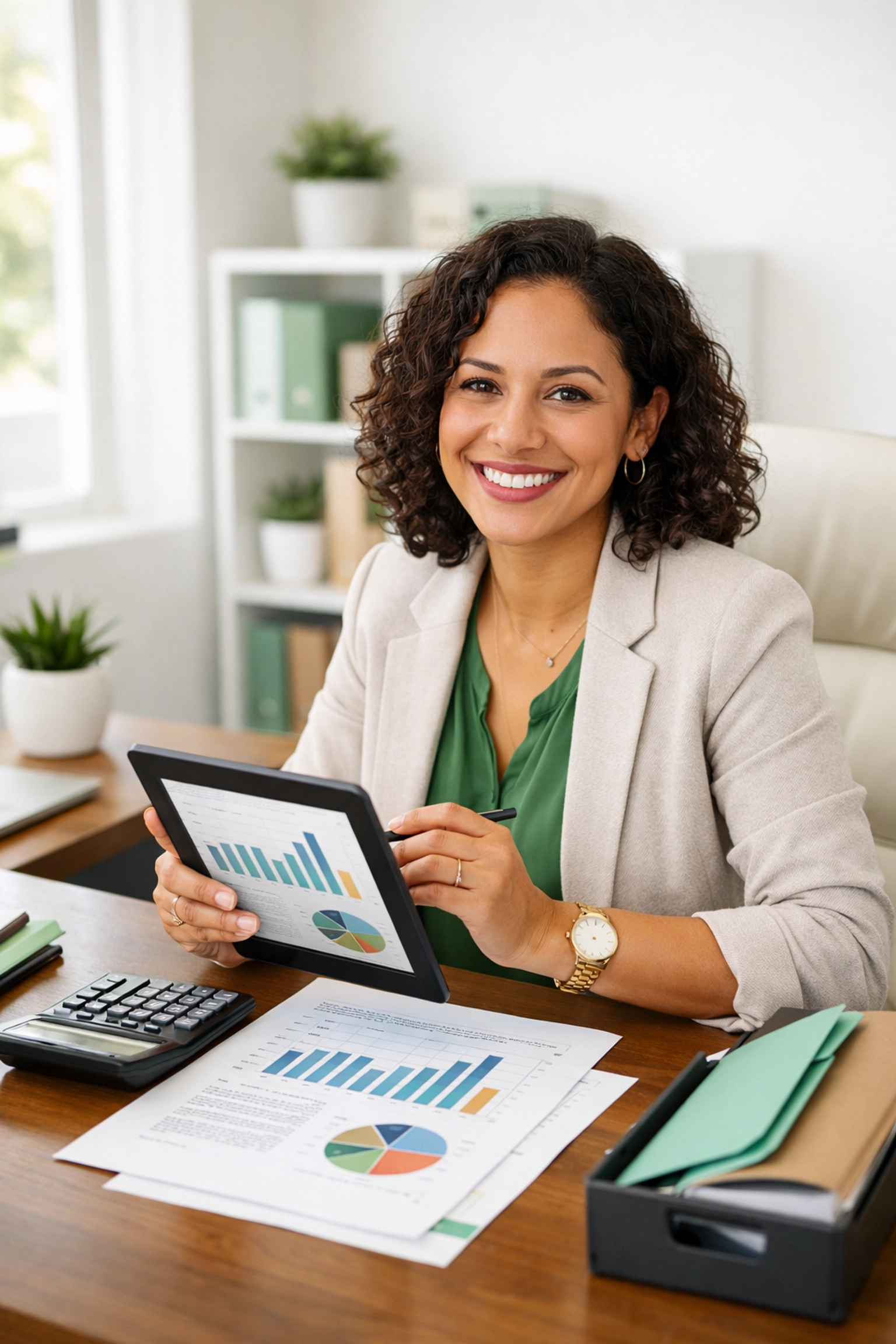 Business owner confidently managing cash flow with financial reports and forecasting tools