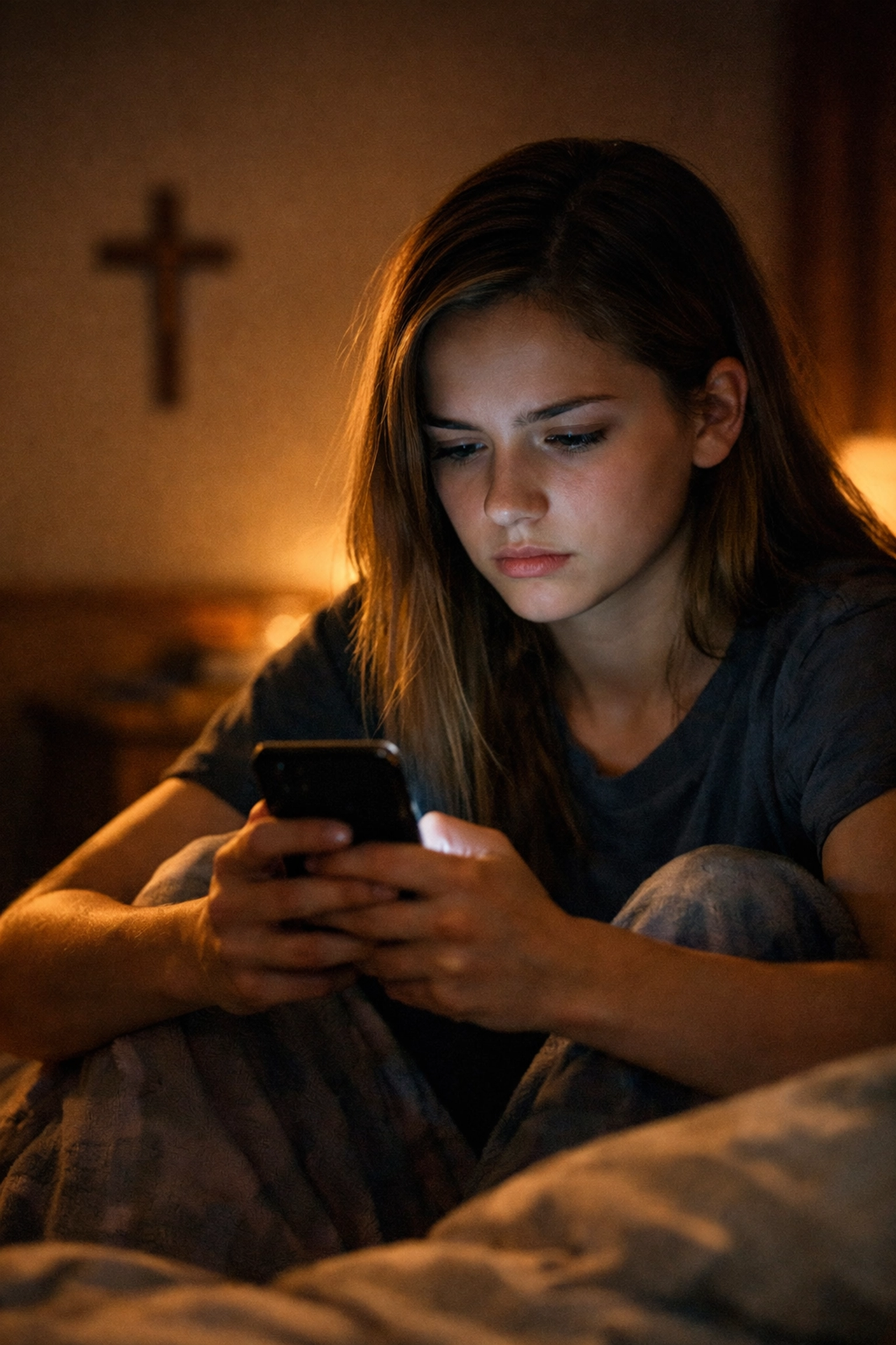 Teen girl looking at smartphone in bedroom at night with cross on wall