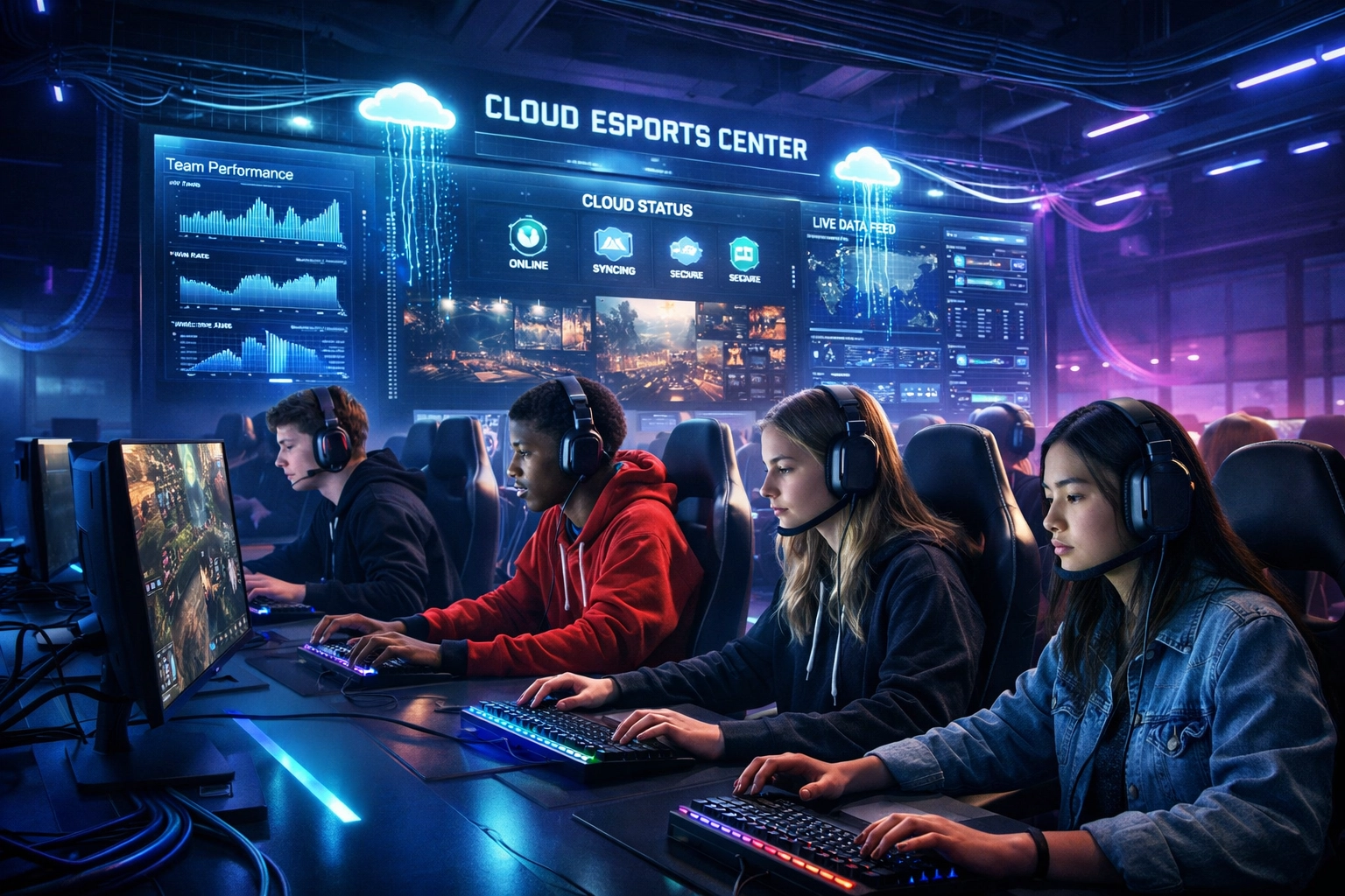 Modern high school esports lab with student athletes at cloud-connected gaming stations