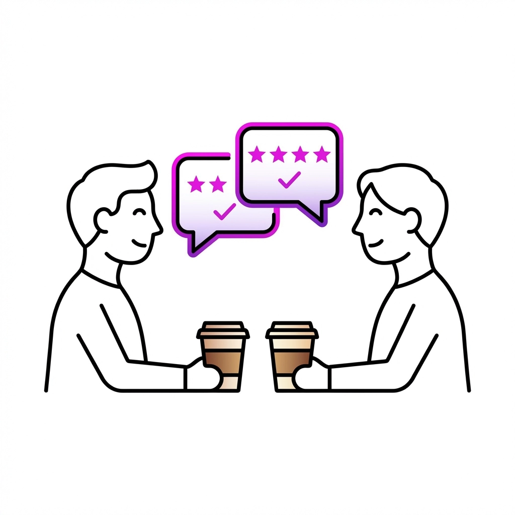 Two people chatting over coffee with star ratings highlighting the value of checking client references for marketing agencies
