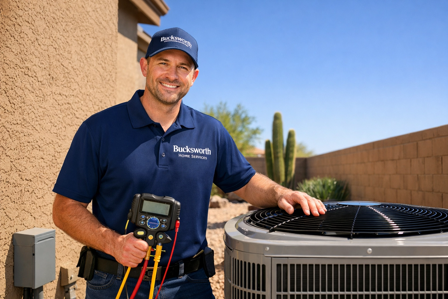 Bucksworth Home Services technician performing expert AC repair in Mesa AZ on a residential outdoor unit.