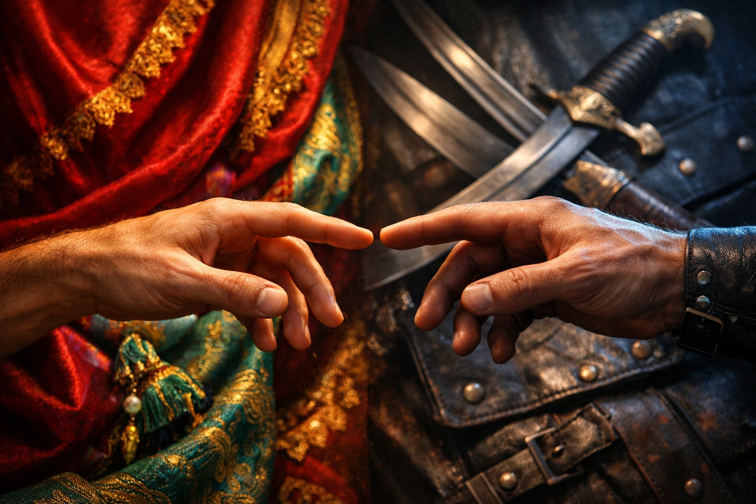 Hands reaching across divide of silk and sabers - enemies to lovers MM romance