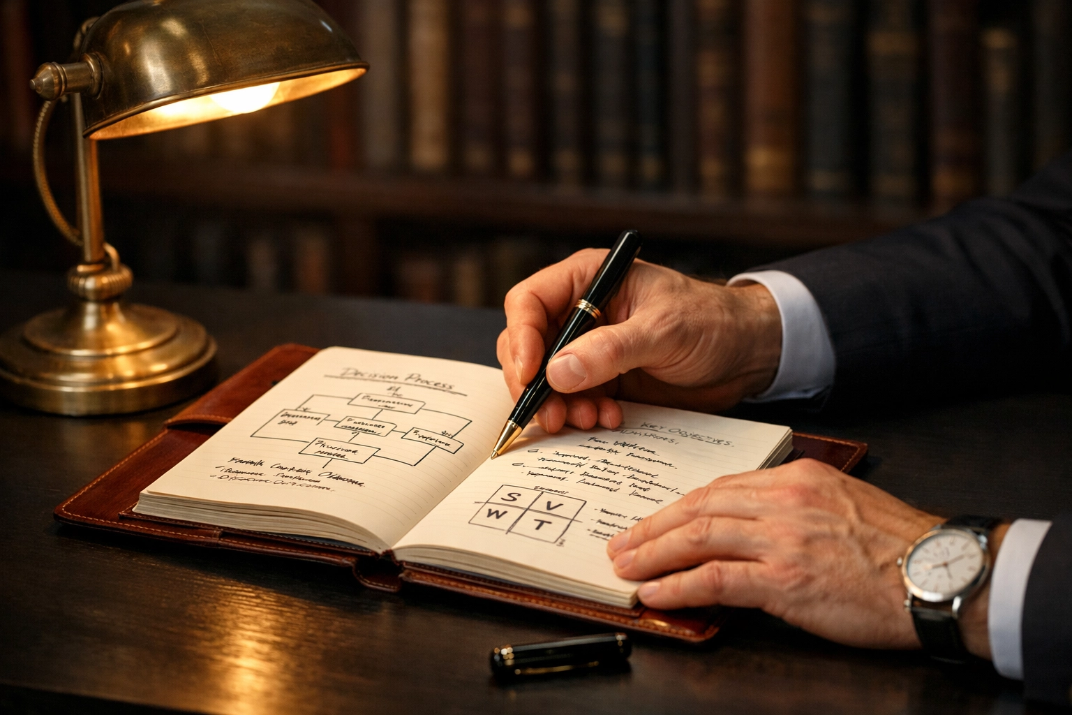 Executive documenting decision-making frameworks and leadership principles in journal