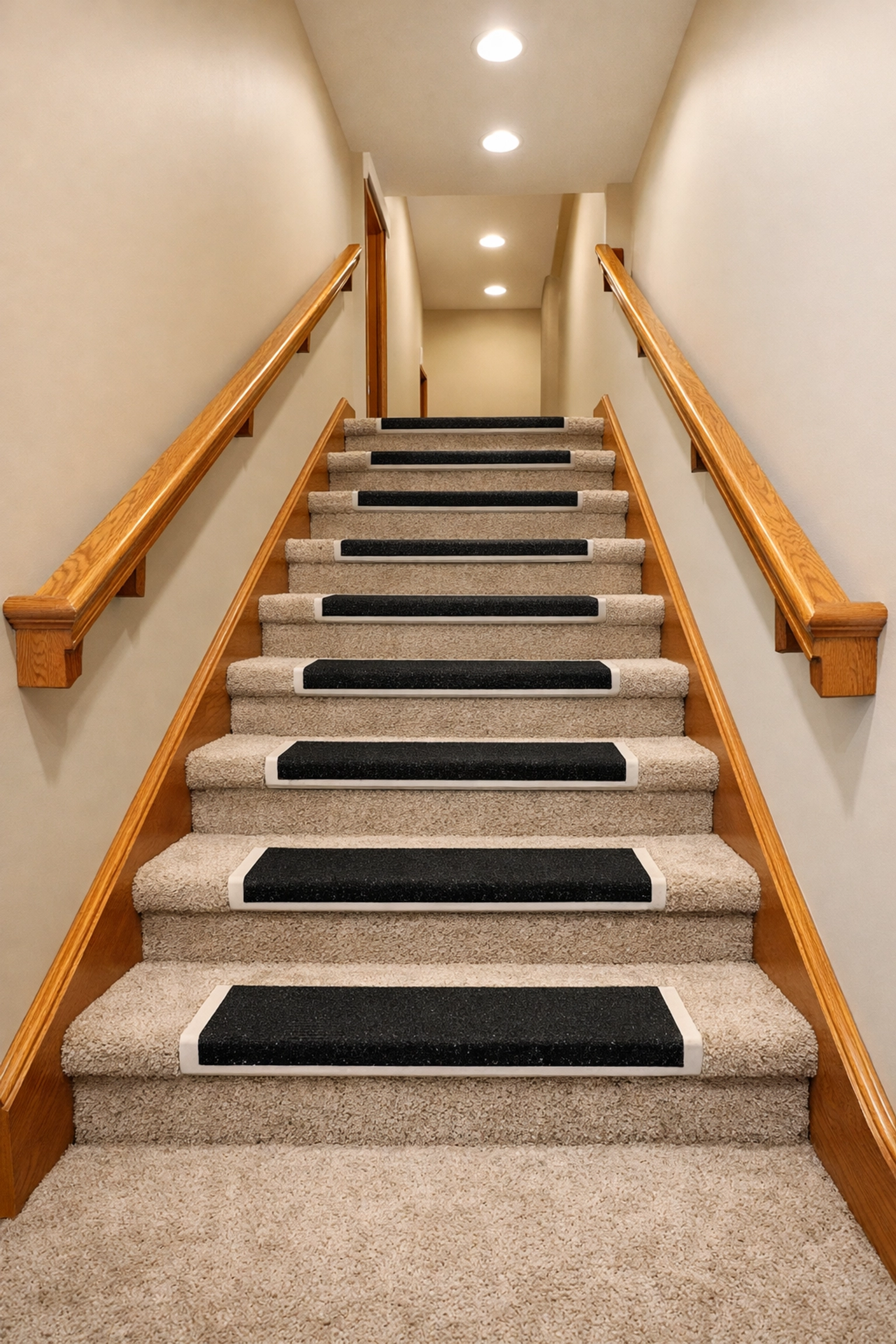 Safe residential stairway with handrails and non-slip treads for fall prevention