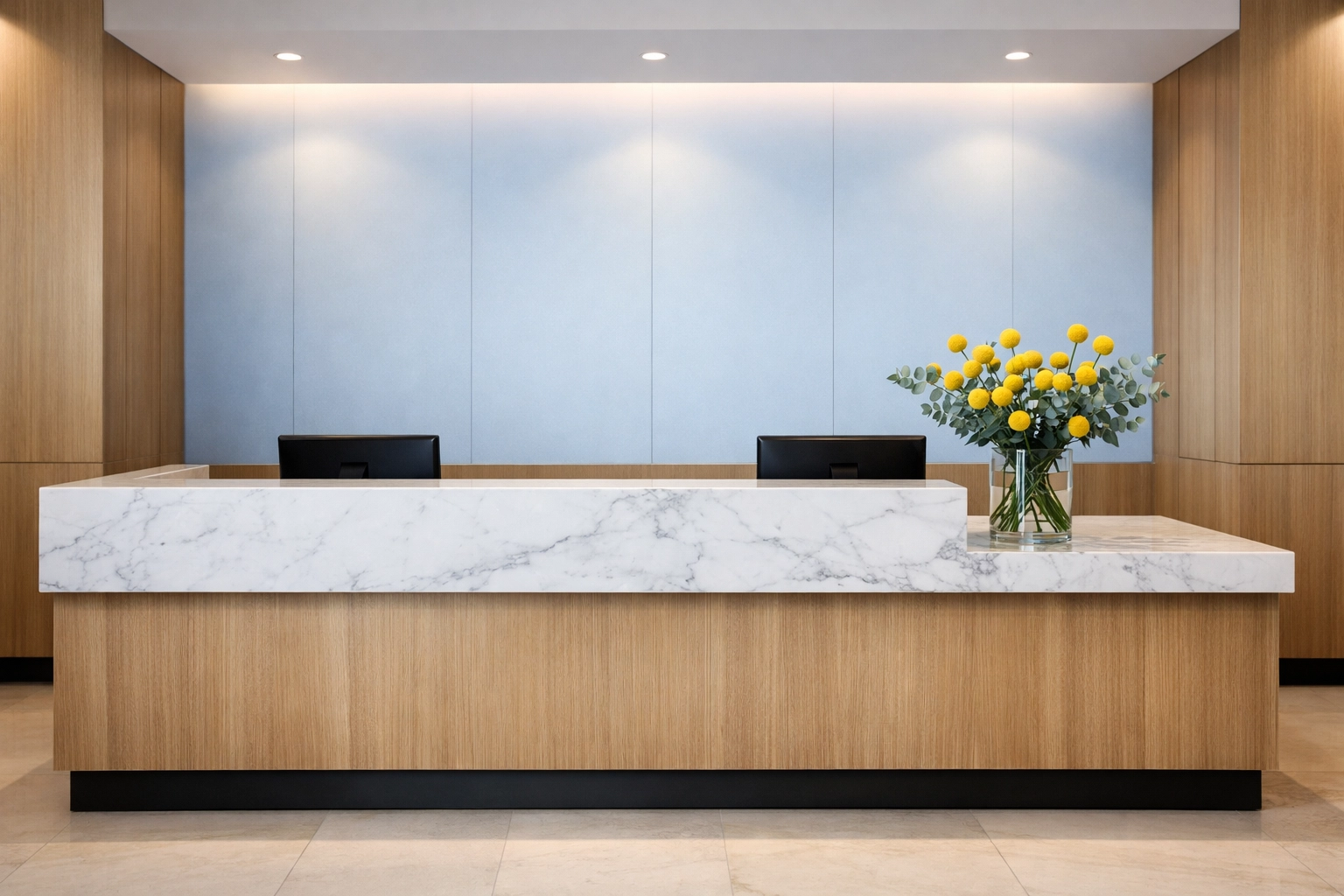 A pristine reception area showing the high standards of a Worcester office cleaning routine.