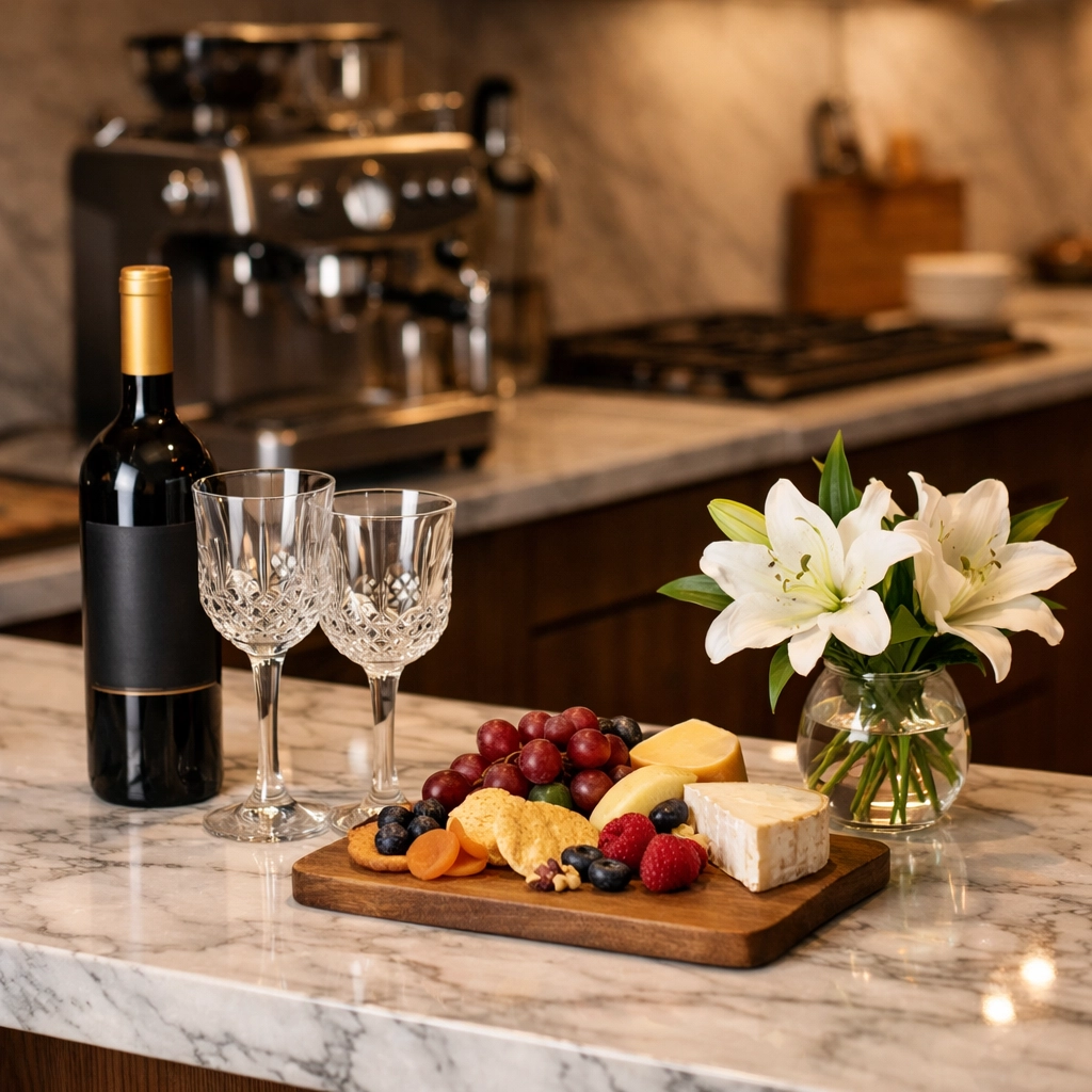 Luxury vacation rental welcome kit with wine and snacks on a marble kitchen island