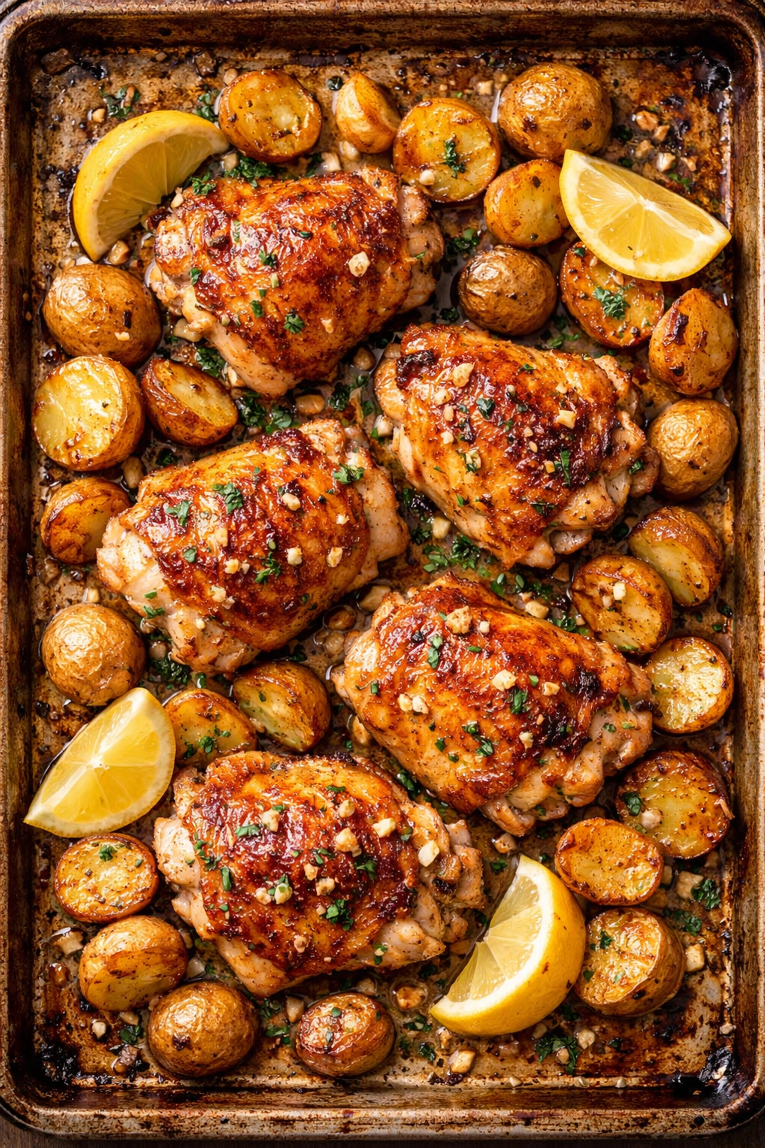 Sheet pan garlic butter chicken and potatoes - easy 5 ingredient weeknight dinner