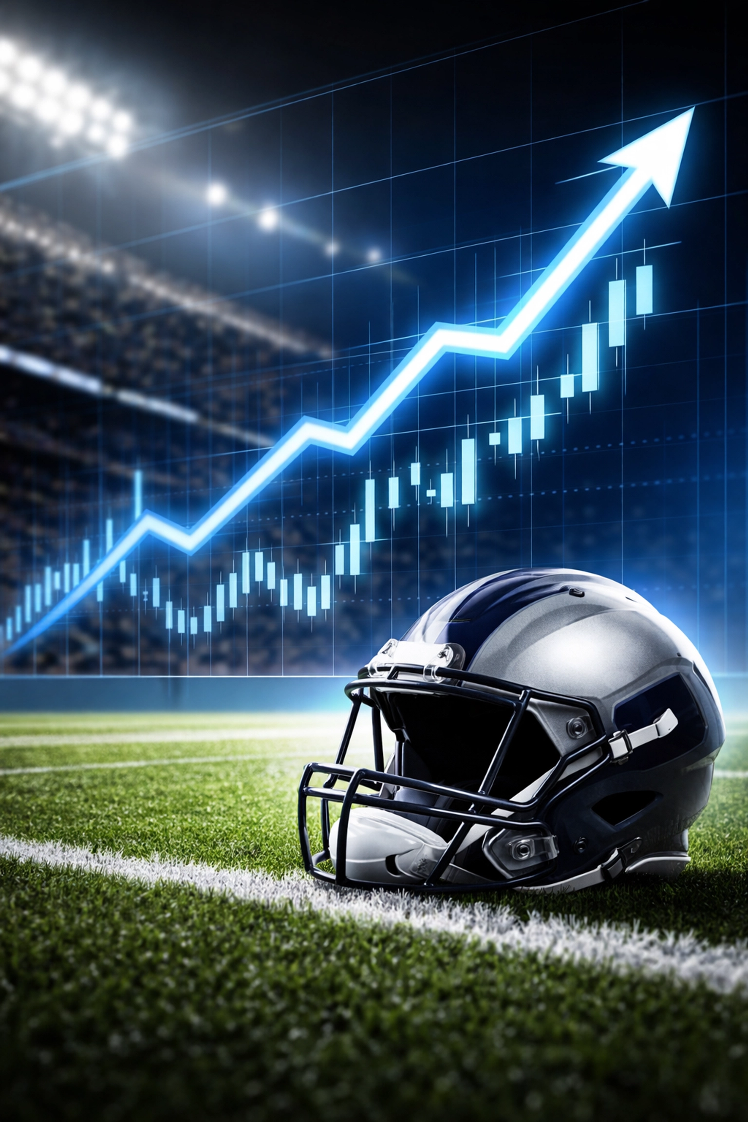 Football helmet with upward trending graph symbolizing NIL contract value and transfer portal investment ROI