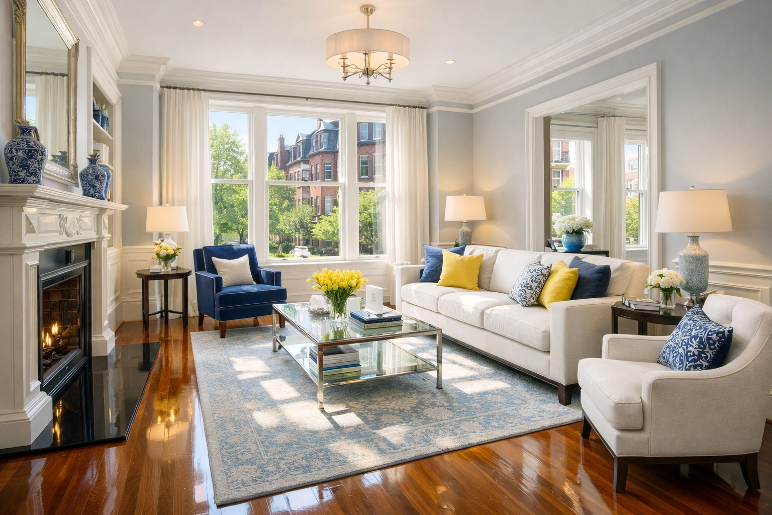 Sunlit Boston living room highlighting dust-free surfaces from spring cleaning hacks for Massachusetts homes.
