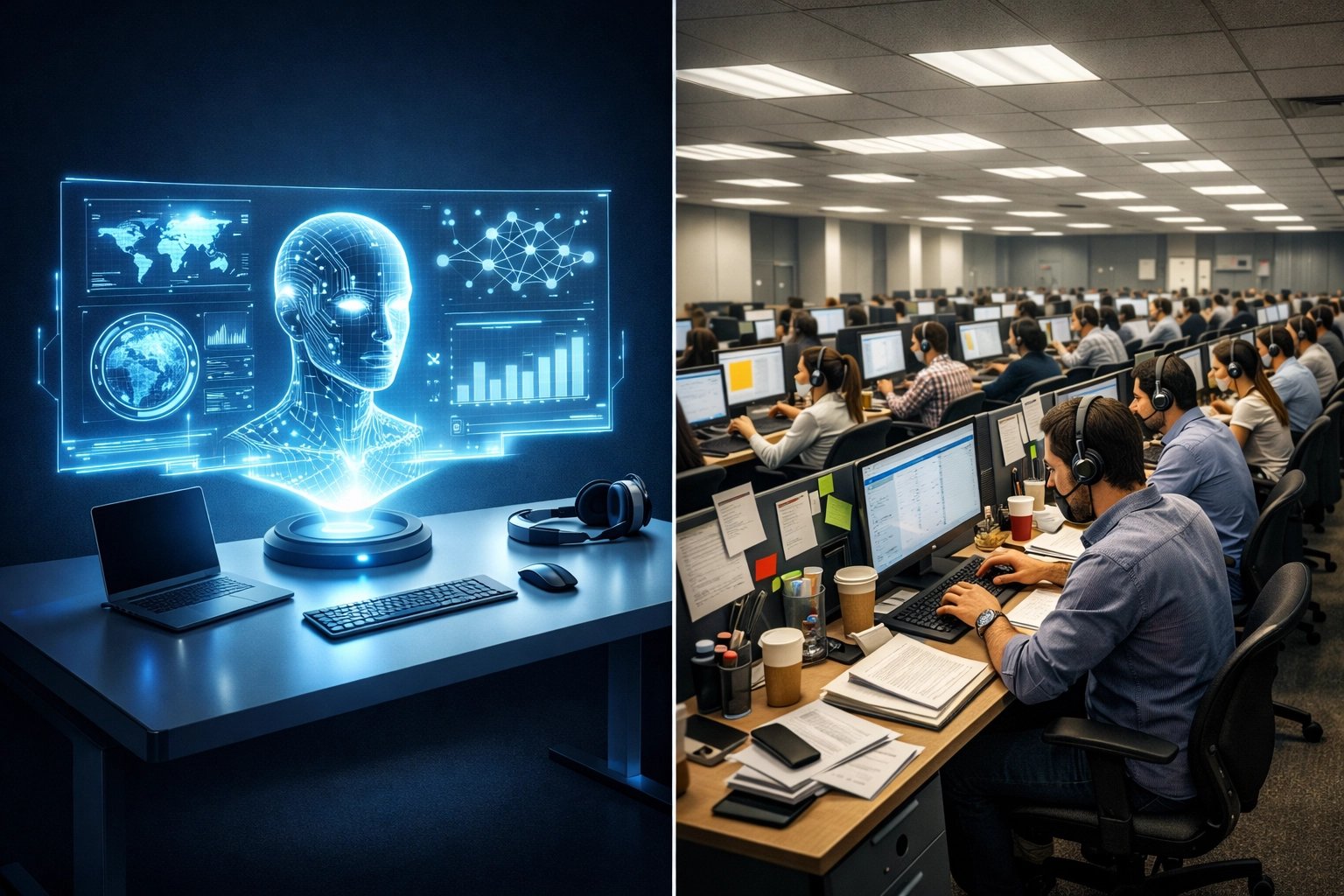 AI agent workspace compared to traditional human call center support team