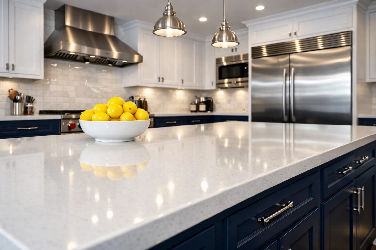Gourmet kitchen with sparkling quartz countertops following expert residential cleaning in North Reading.