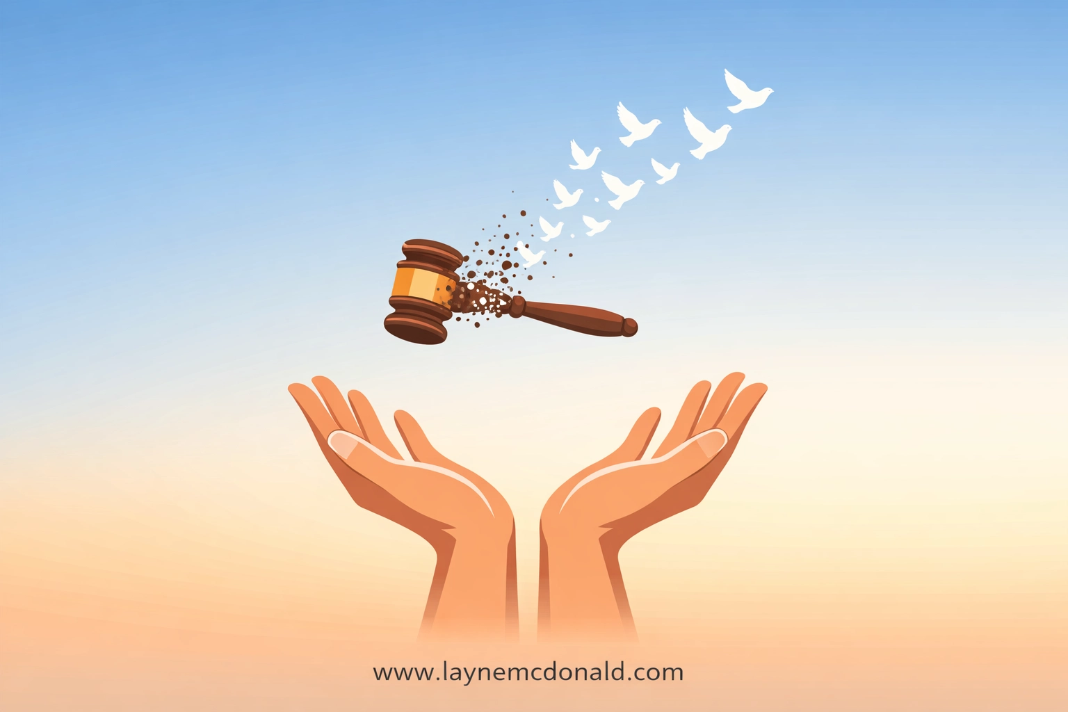 Hands releasing a gavel into doves, representing the transition from judgment to spiritual peace.
