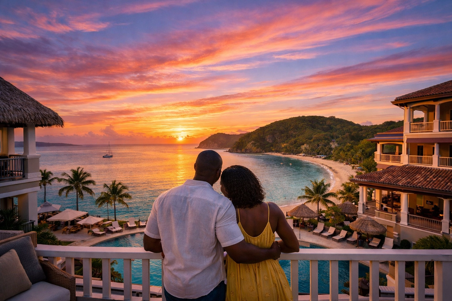 Relaxed couple at a Caribbean resort at sunset reflecting peace of mind and travel security.