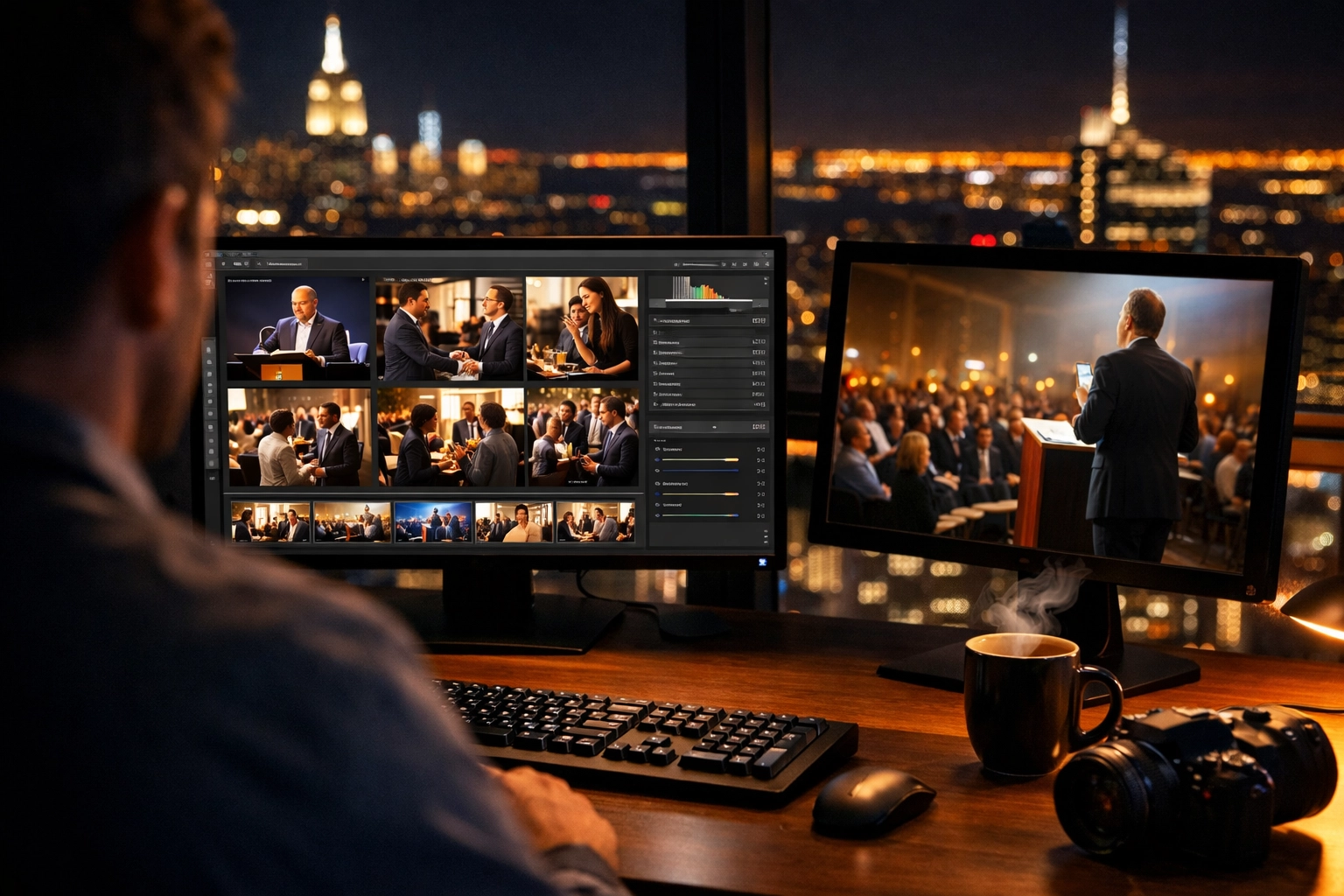 Fast post-production of corporate event photography at a New York workstation for professional conference delivery.