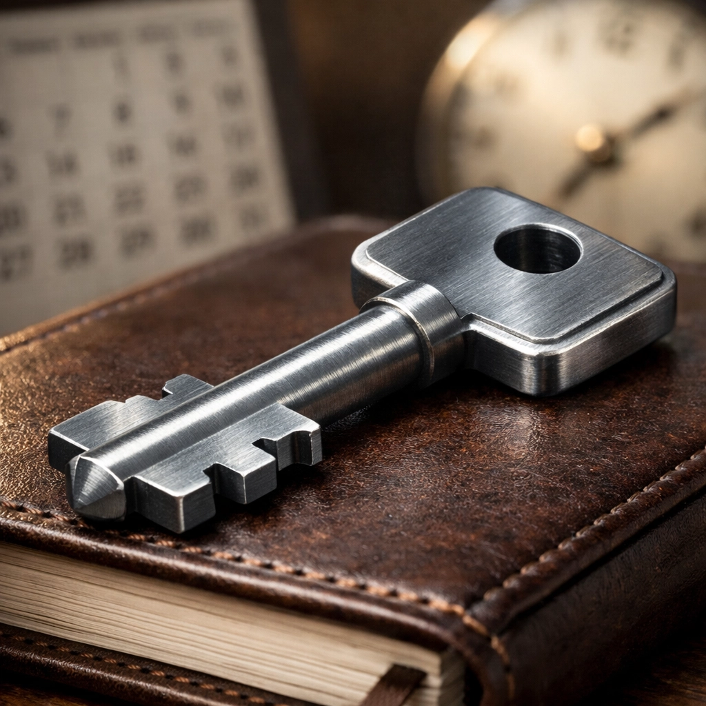 Metal key symbolizing one-time purchase ownership of private offline dictation software.