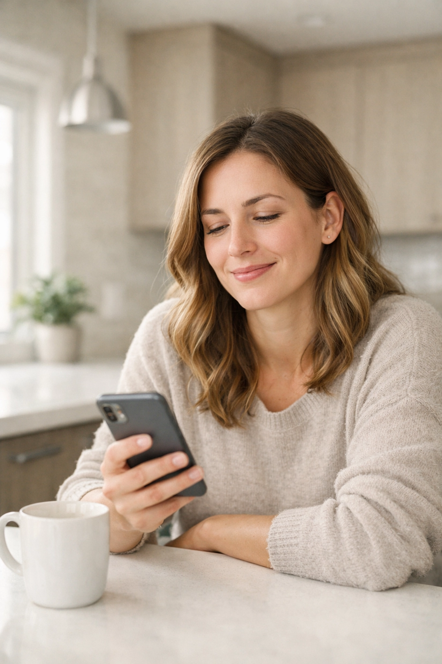 Relieved woman checking her smartphone for an instant cash loan online in Canada deposit.