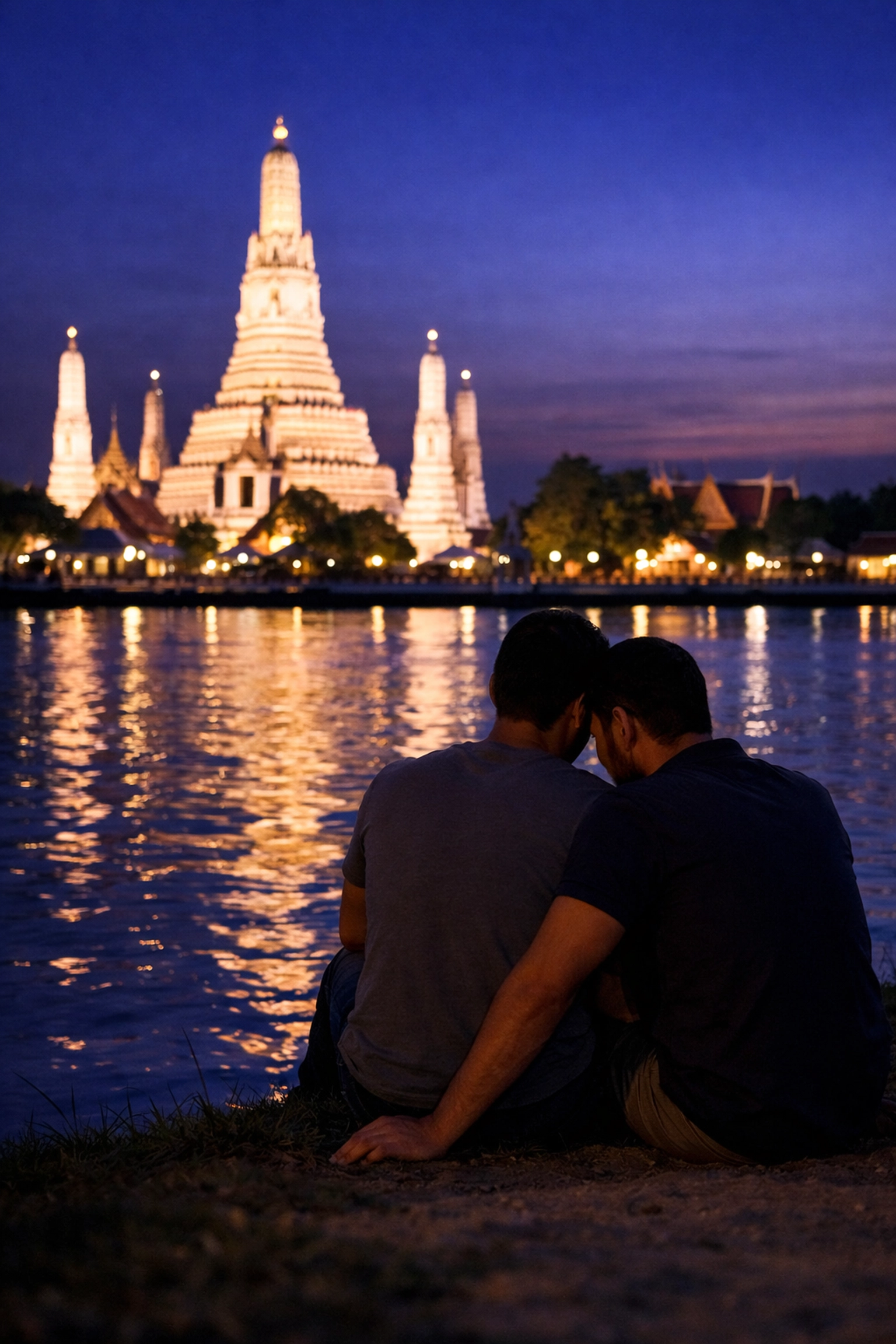 Gay couple sitting by Chao Phraya River with Wat Arun Temple of Dawn reflected in water