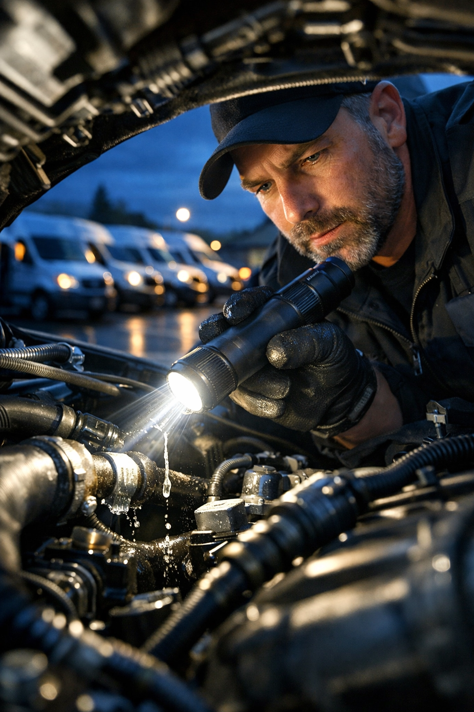 Green Bay mobile mechanic inspecting a car engine for leaks during an onsite diagnostic service.