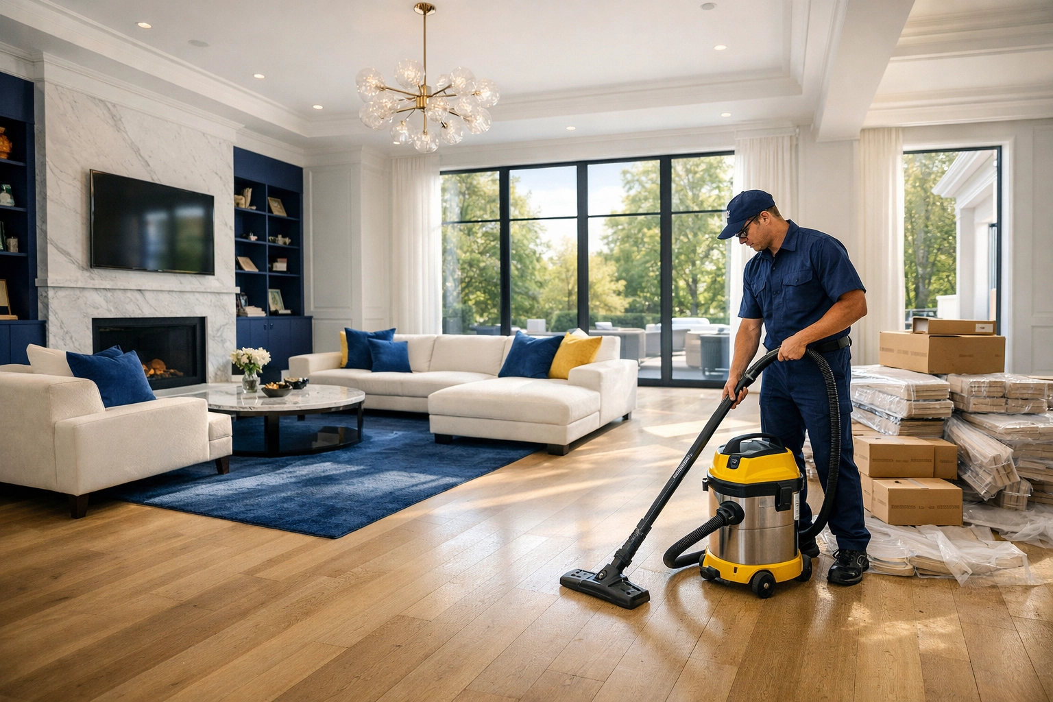 Professional cleaner performing post-construction cleaning MA in a luxury Wellesley residential living room.