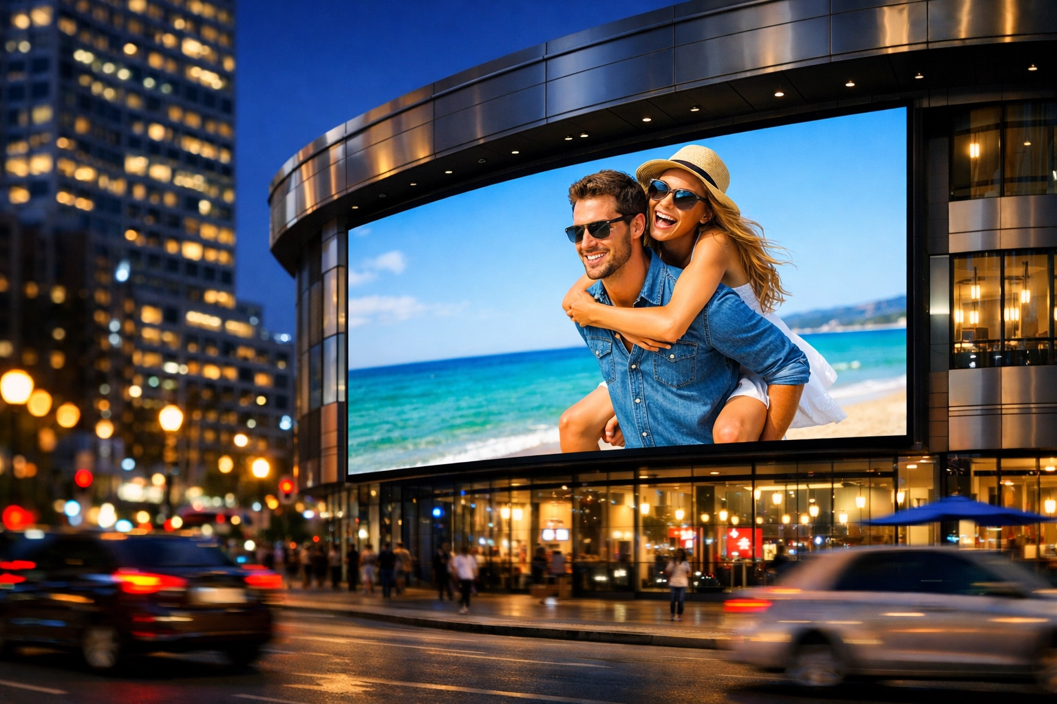 Large digital LED billboard in a city center showcasing outdoor advertising solutions for global brands.