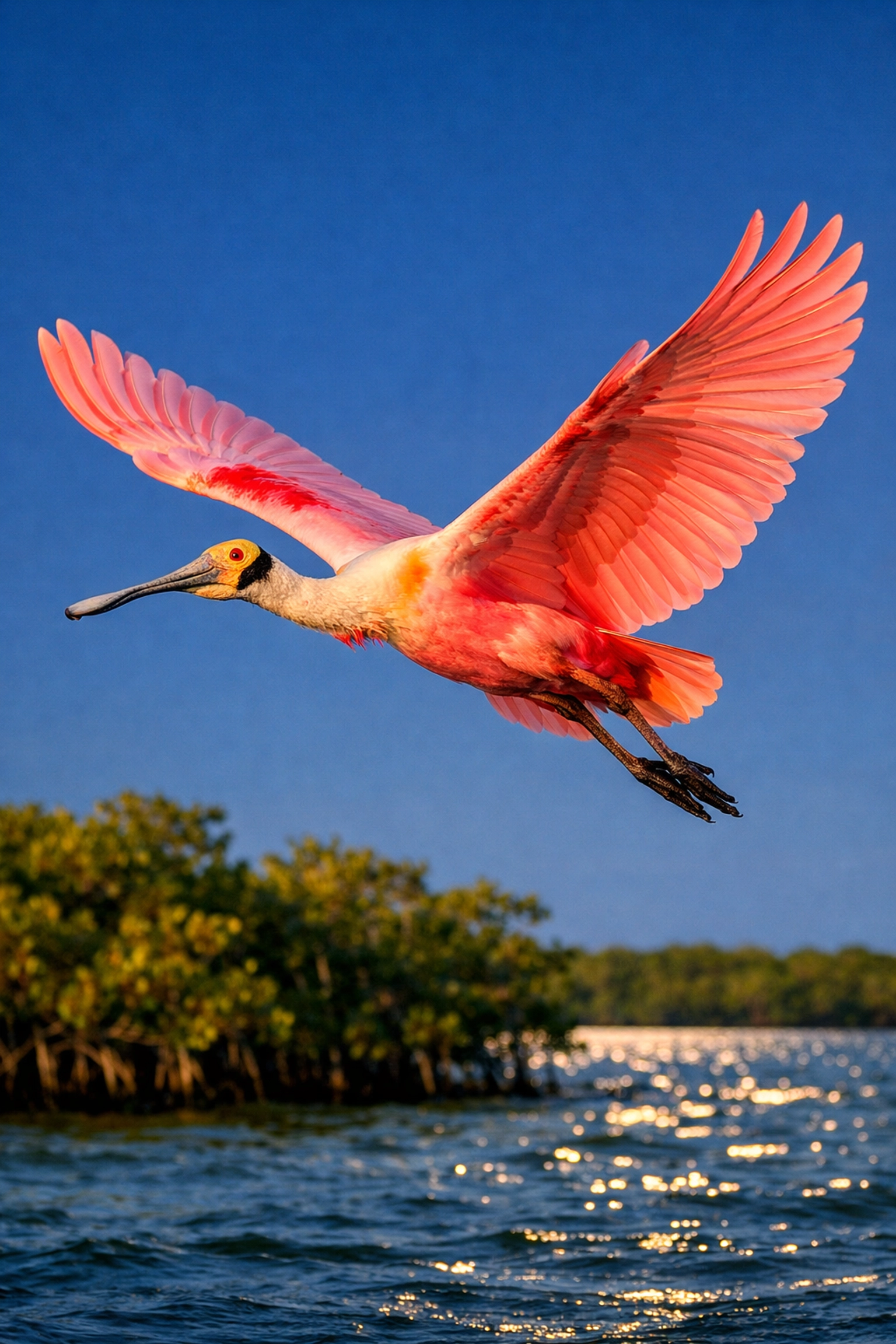 A Roseate Spoonbill in flight over the mangroves of Flamingo in Everglades National Park.