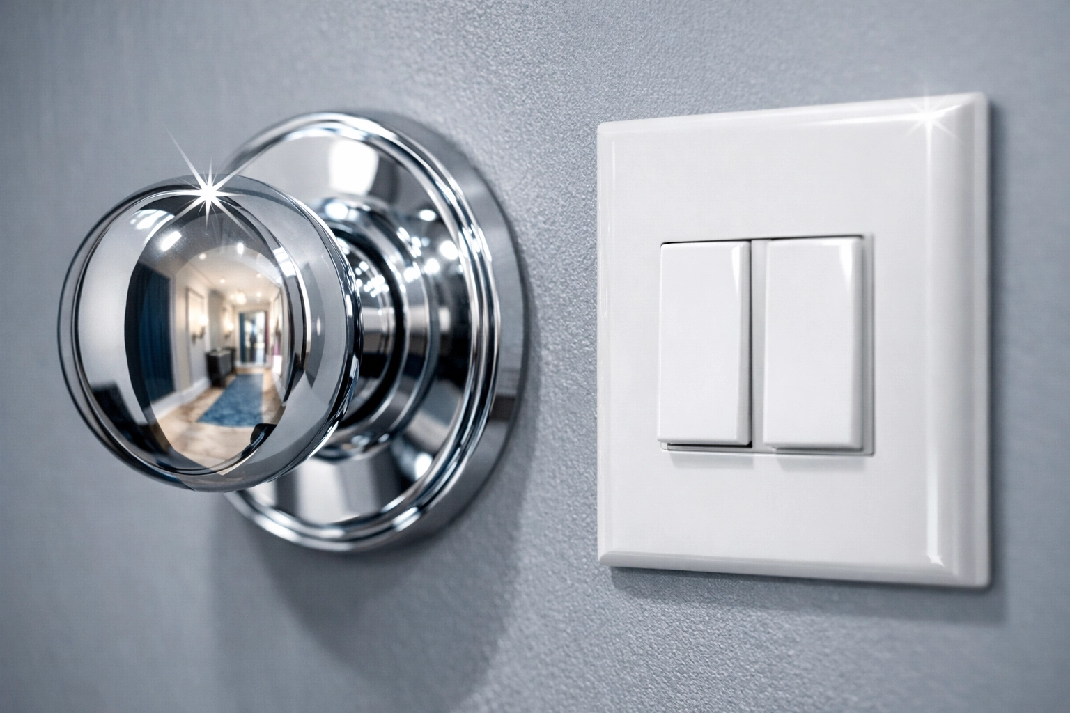 Sanitized chrome doorknob and clean light switch plate in a professionally cleaned home hallway.