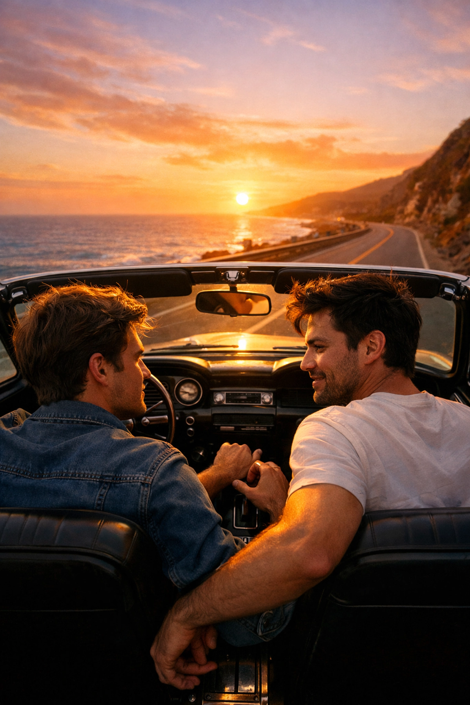 Two men in convertible on coastal road trip representing summer MM romance journey