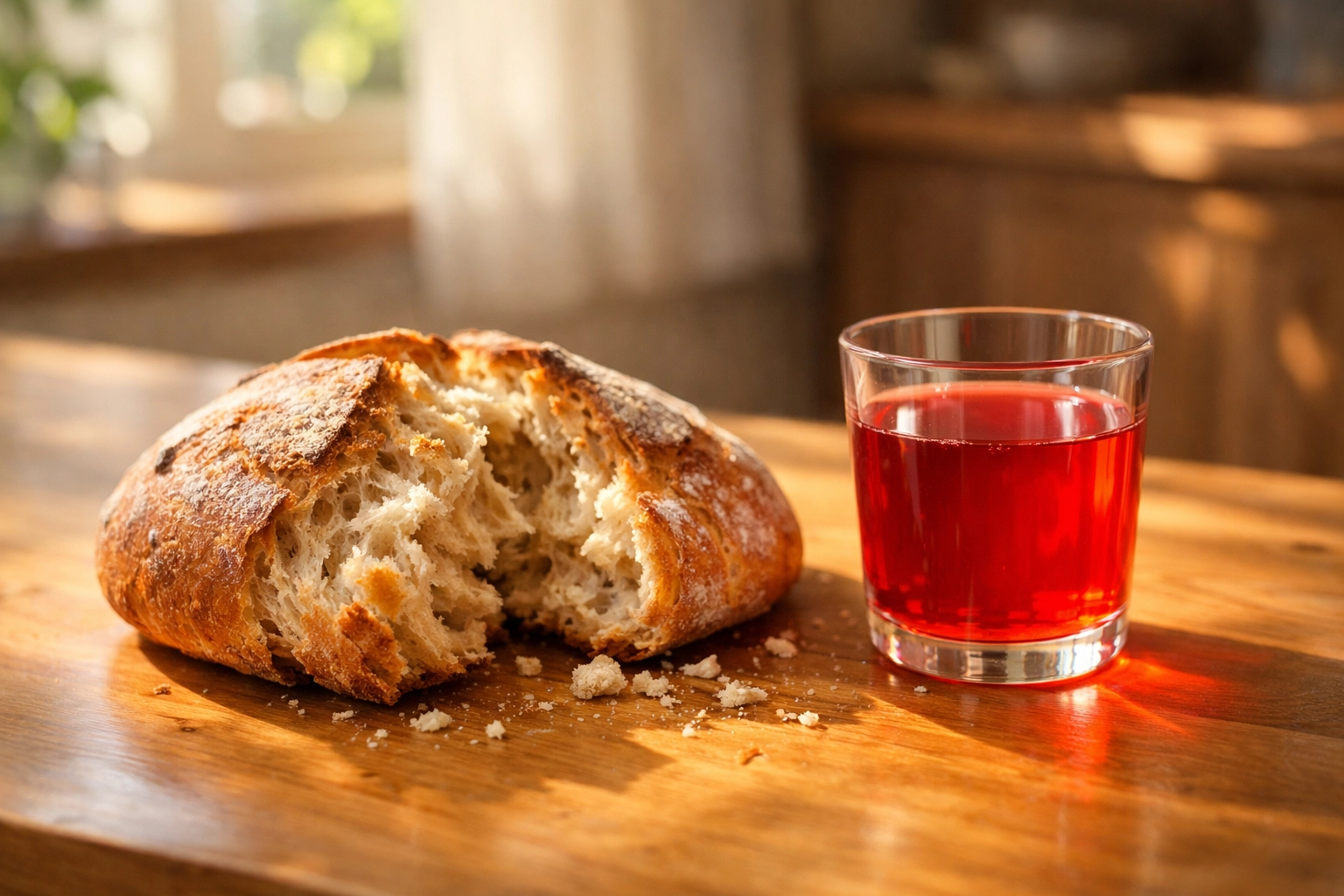 Holy Communion elements of broken bread and a cup of juice on a rustic wooden table in the sunlight.