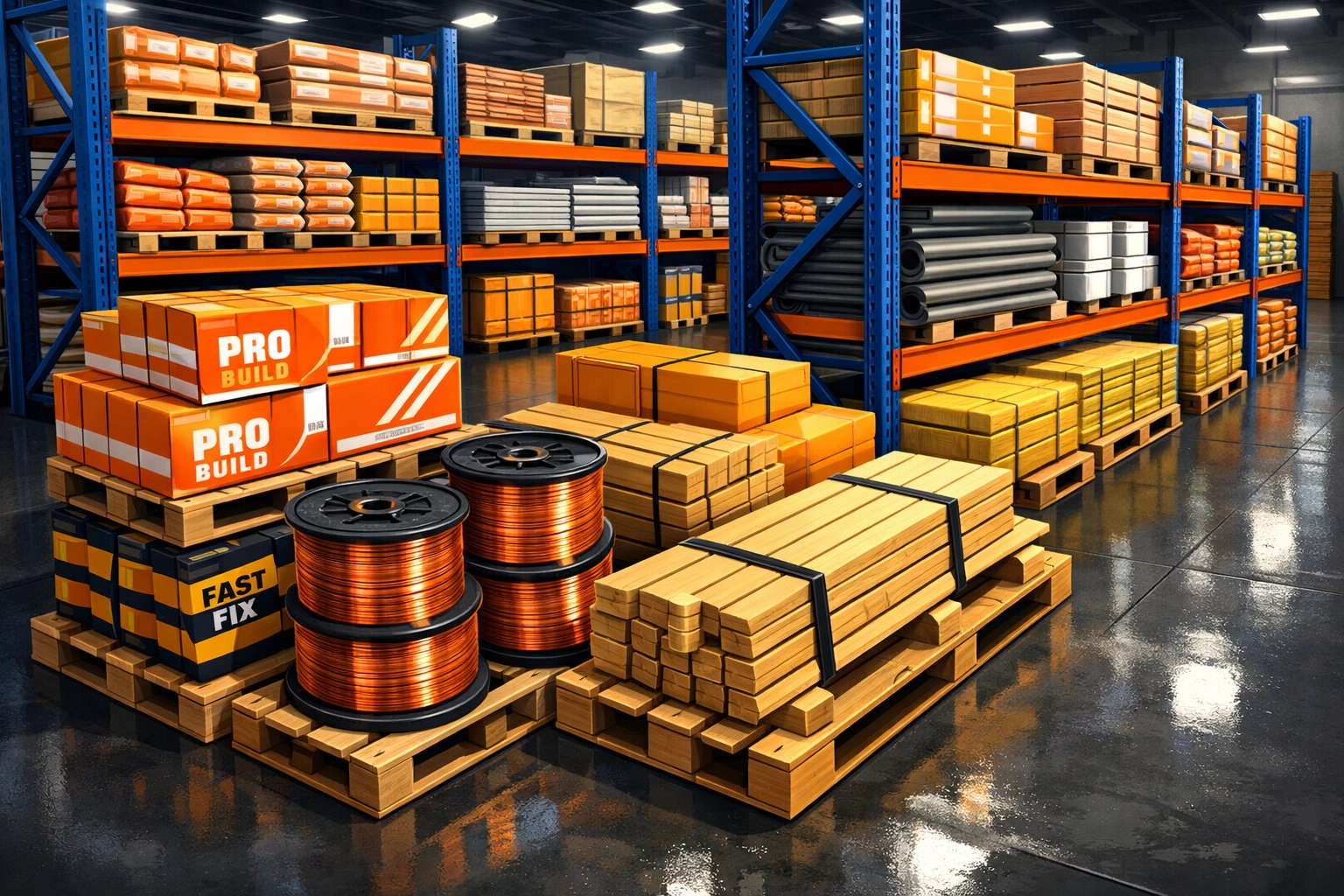 Organized warehouse with excess construction materials ready to sell online as inventory