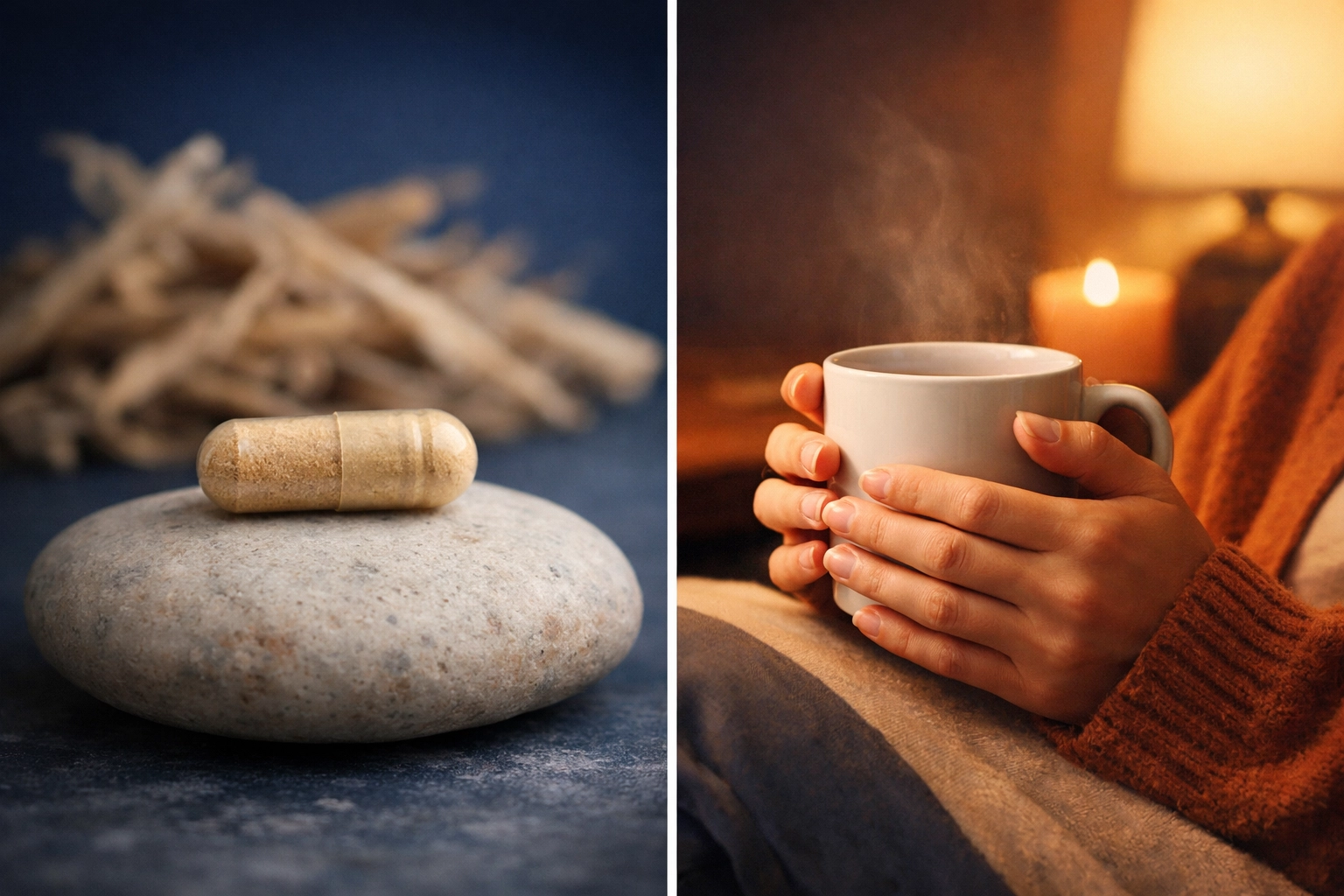 Ashwagandha supplement capsule and person holding tea for stress and sleep support