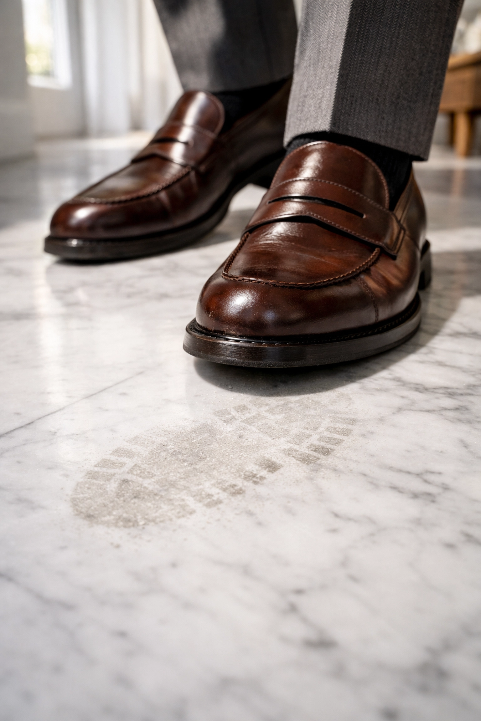 Marble Footprint • Master Marble A dusty footprint on a white Carrara marble floor showing surface abrasion from everyday foot traffic • Master Marble