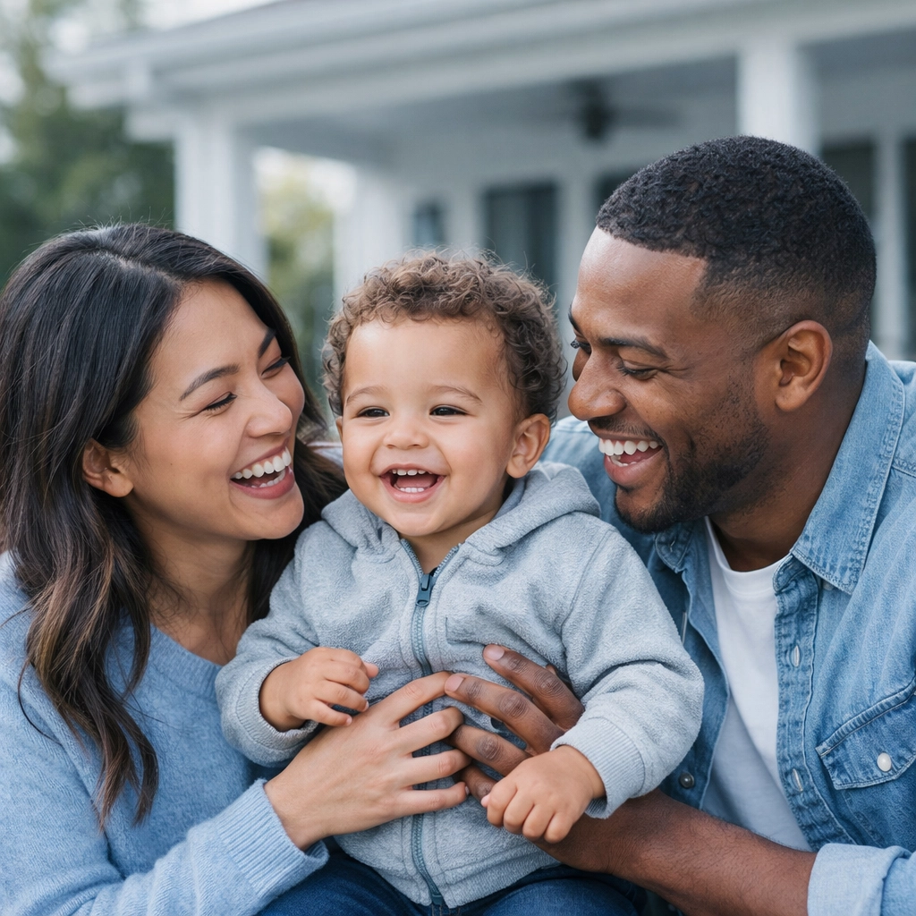 Young California family in their backyard, symbolizing financial security through term and whole life insurance.