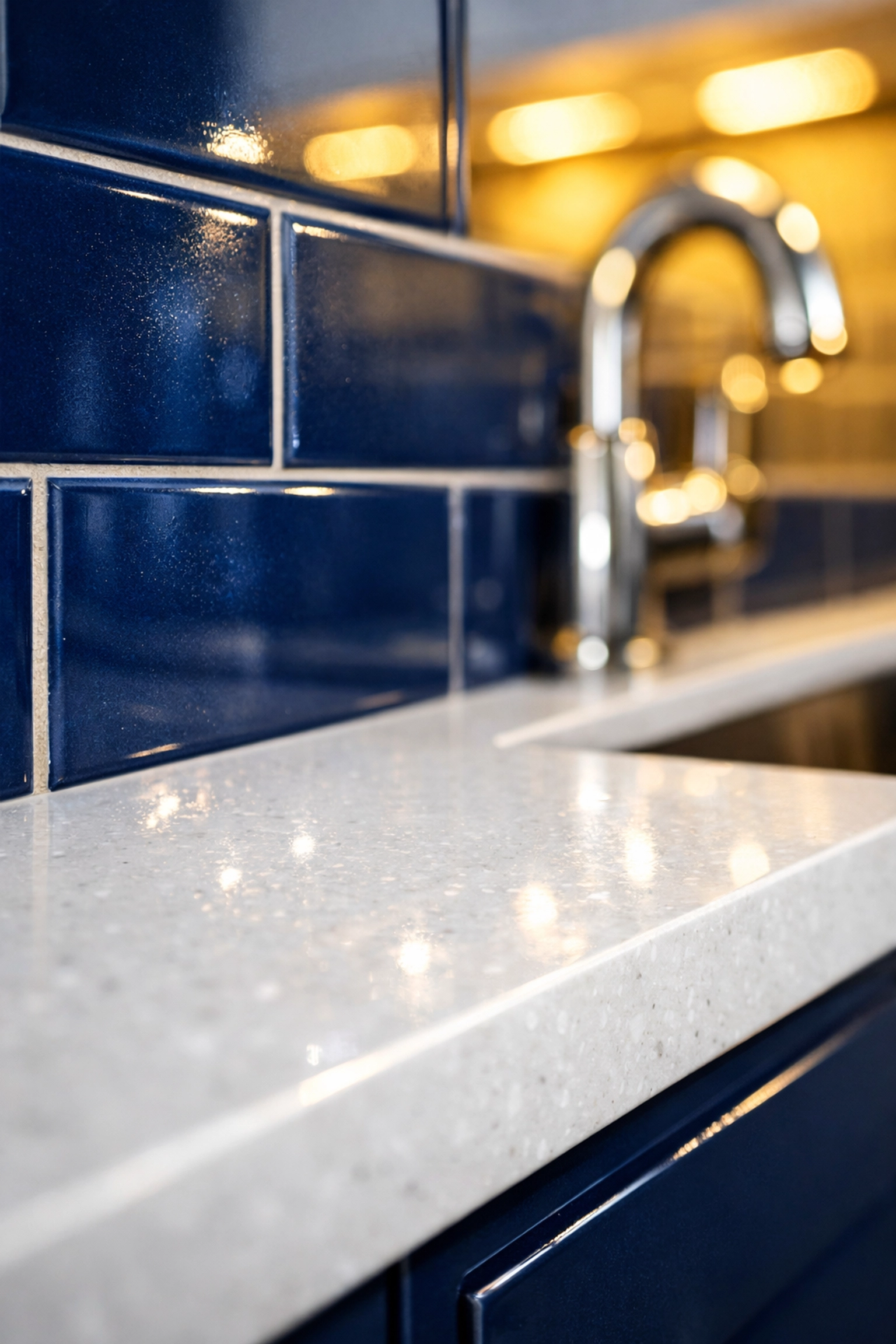 Sparkling white quartz countertops and clean kitchen surfaces maintained by weekly cleaning services in Lunenburg.