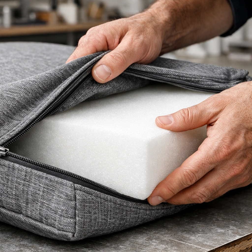 Professional inserting high-density foam into a custom cushion at Stuff It Upholstery in Chattanooga.