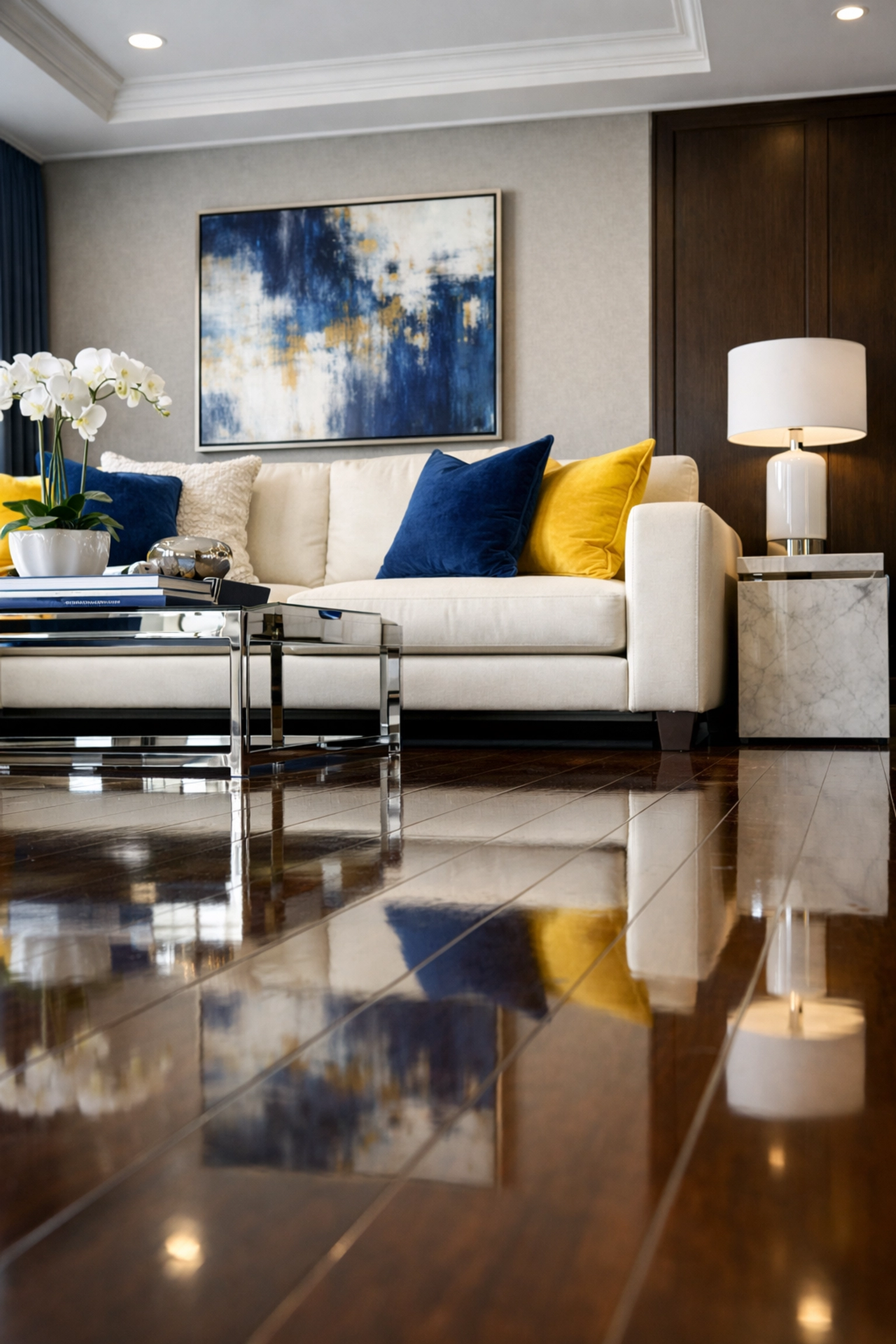 Polished hardwood floors in a luxury Lowell living room after professional house cleaning Lowell MA.