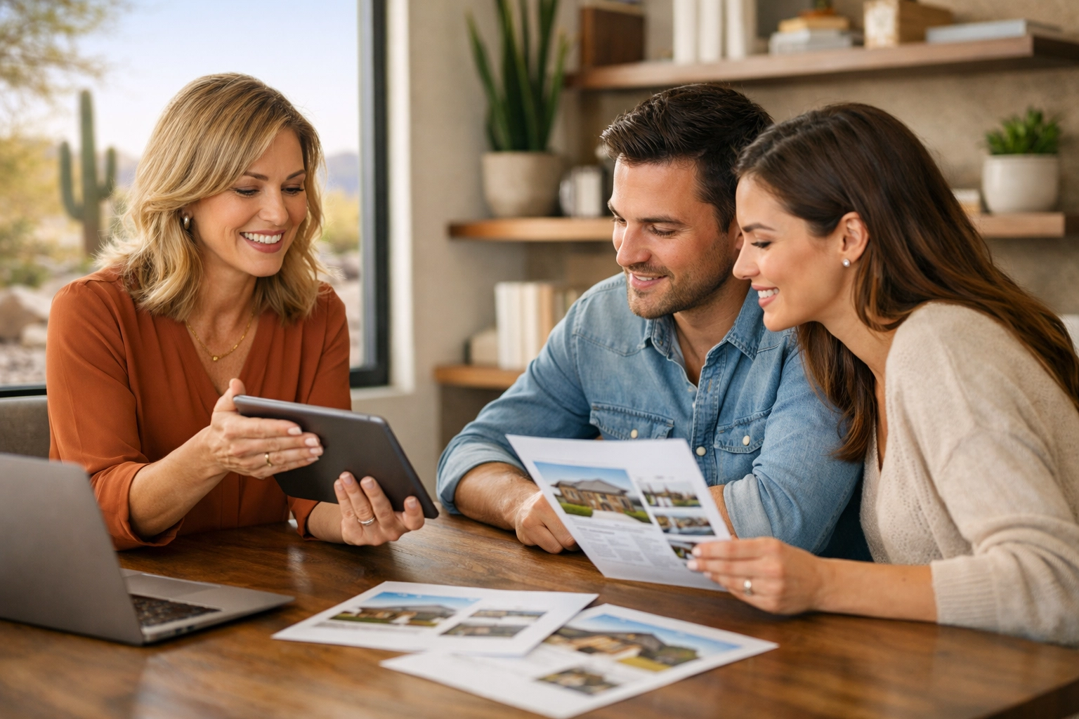 Professional real estate strategy session in a bright Arizona-style home office, reviewing listing details and pricing plans. Professional real estate strategy session in a bright Arizona-style home office, reviewing listing details and pricing plans.